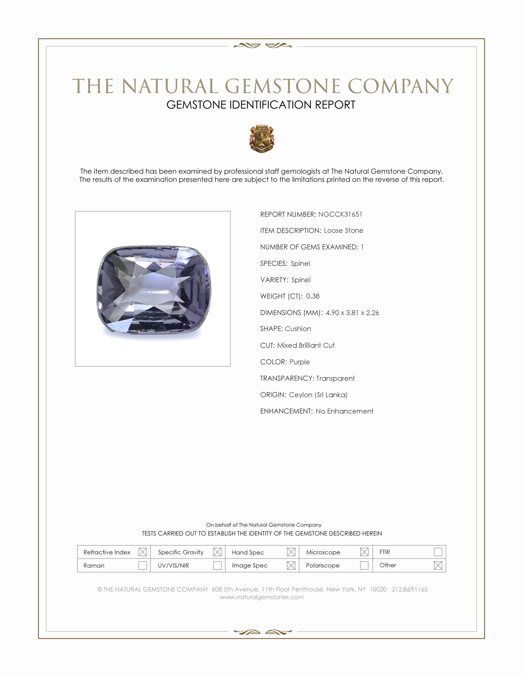 0.38 Ct. Purple Spinel from Ceylon (Sri Lanka)