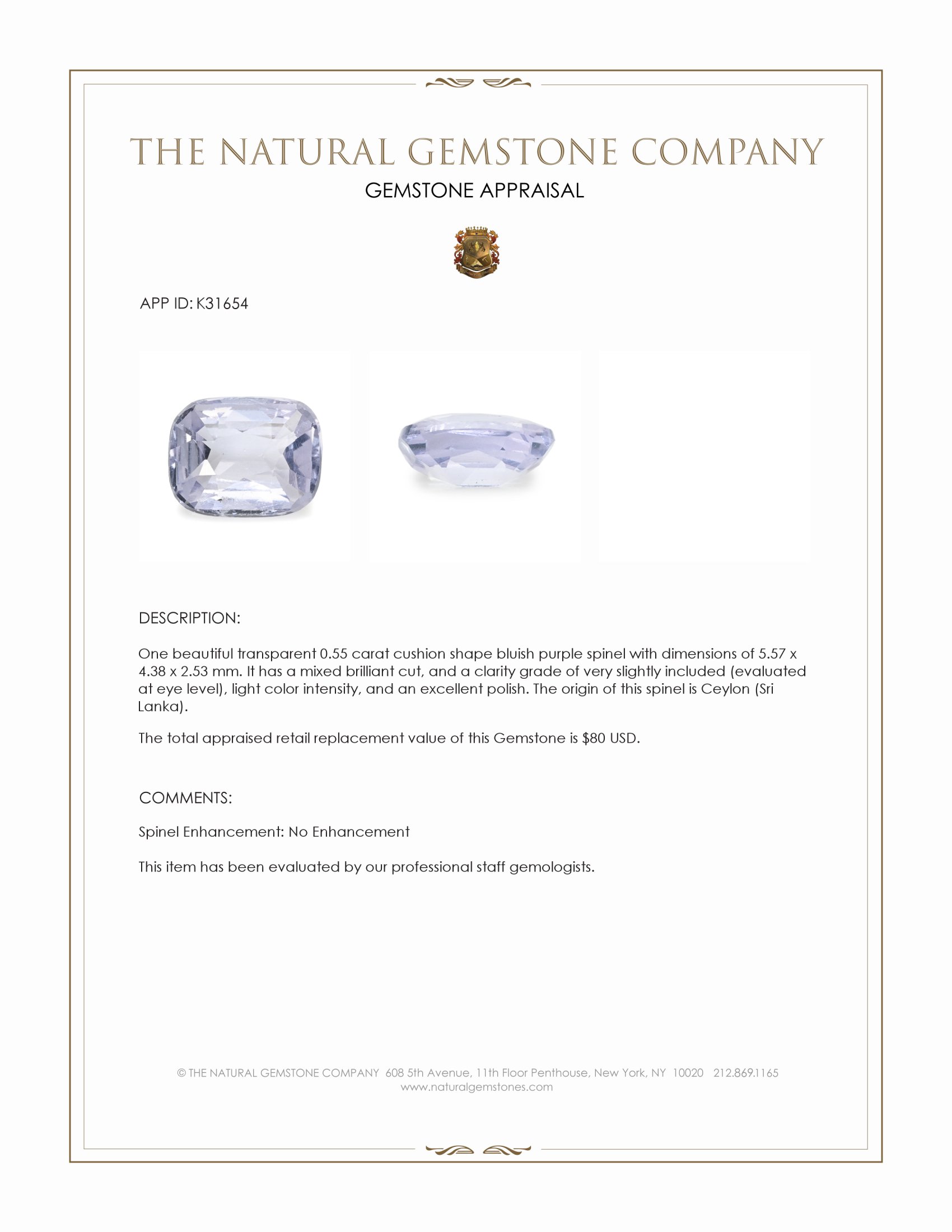 0.55 Ct. Bluish Purple Spinel from Ceylon (Sri Lanka)
