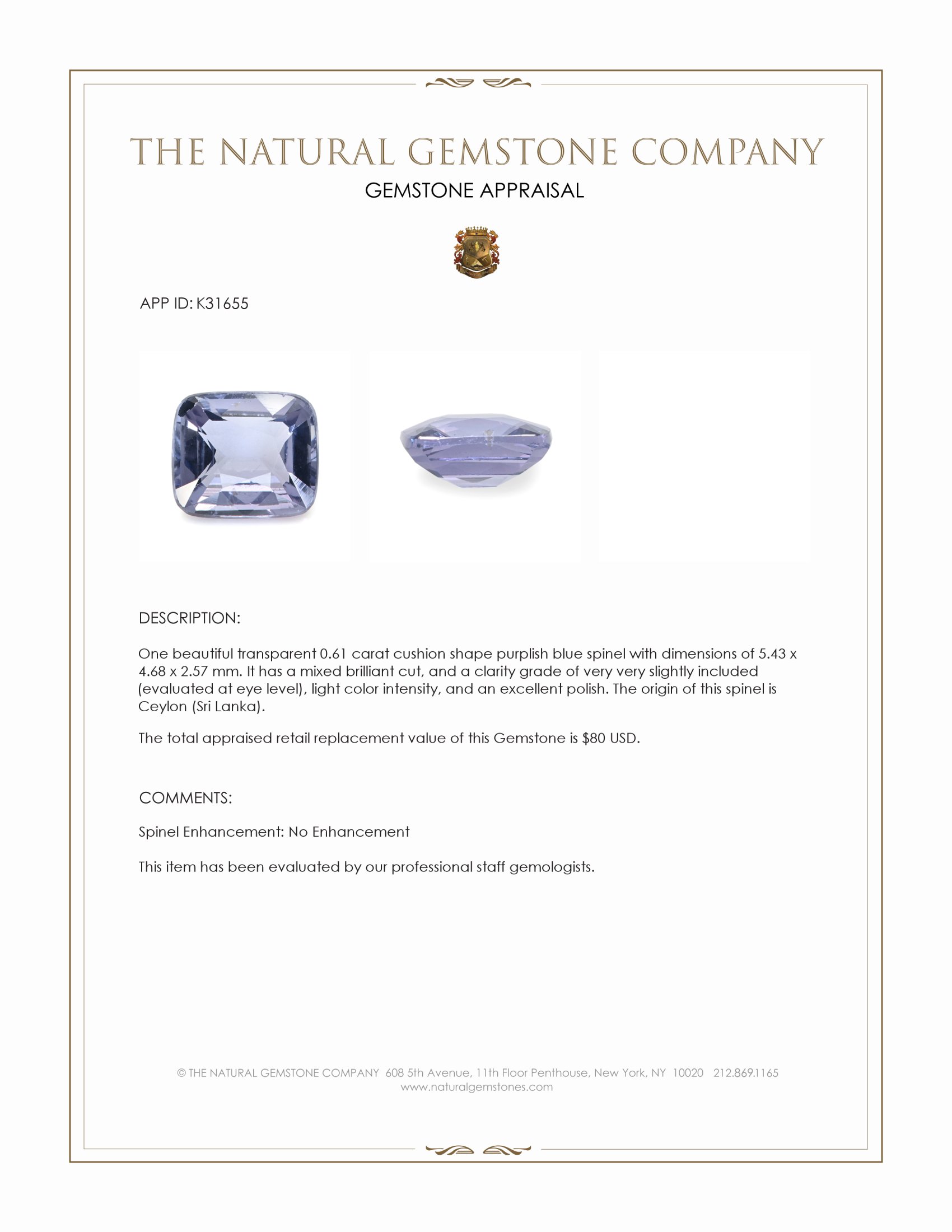 0.61 Ct. Purplish Blue Spinel from Ceylon (Sri Lanka)