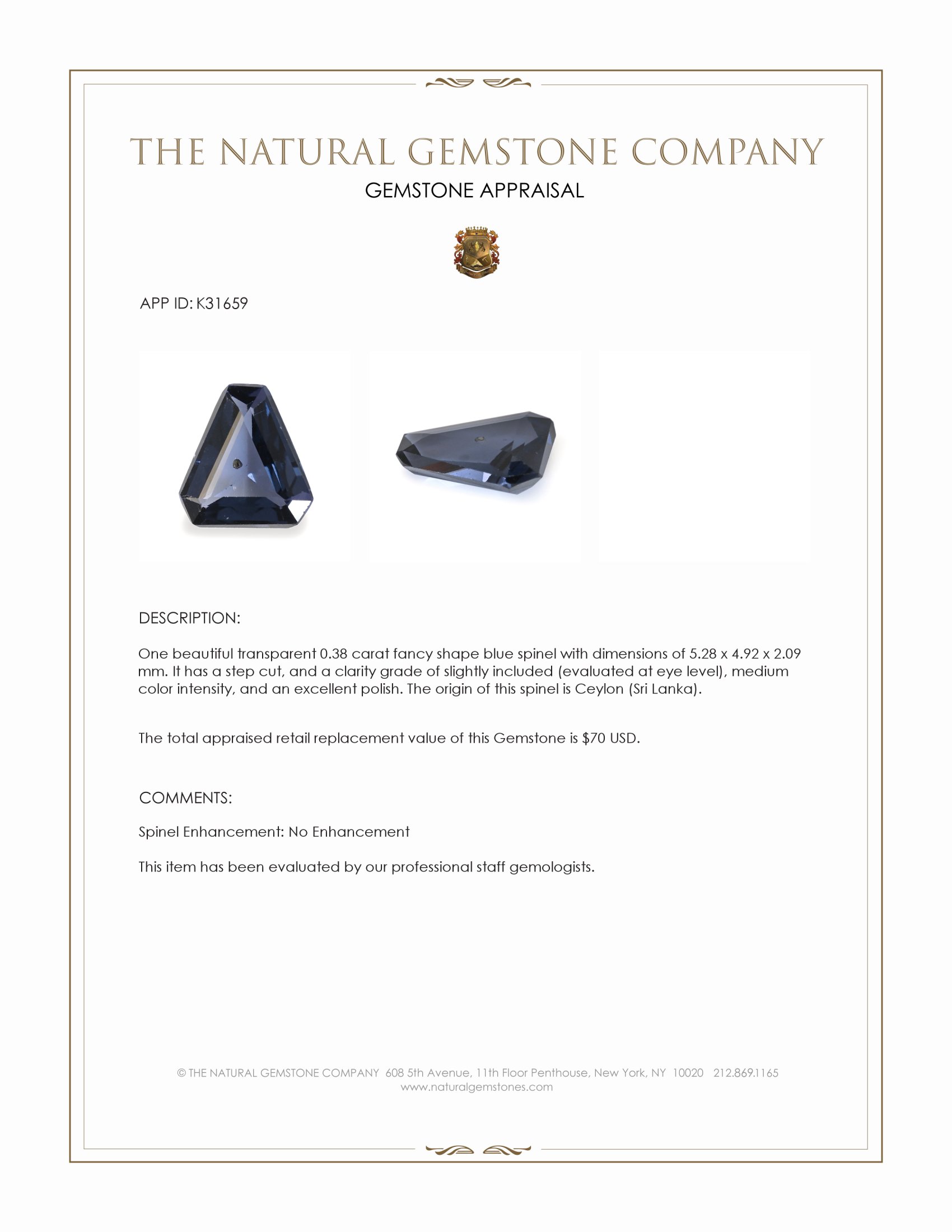 0.38 Ct. Blue Spinel from Ceylon (Sri Lanka)
