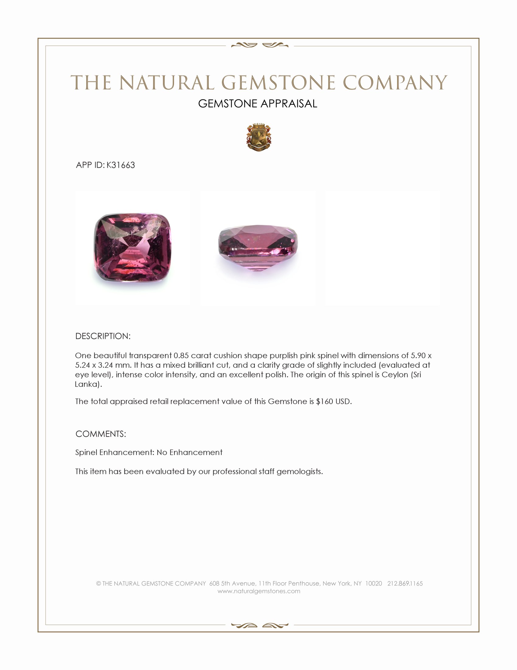 0.85 Ct. Purplish Pink Spinel from Ceylon (Sri Lanka)