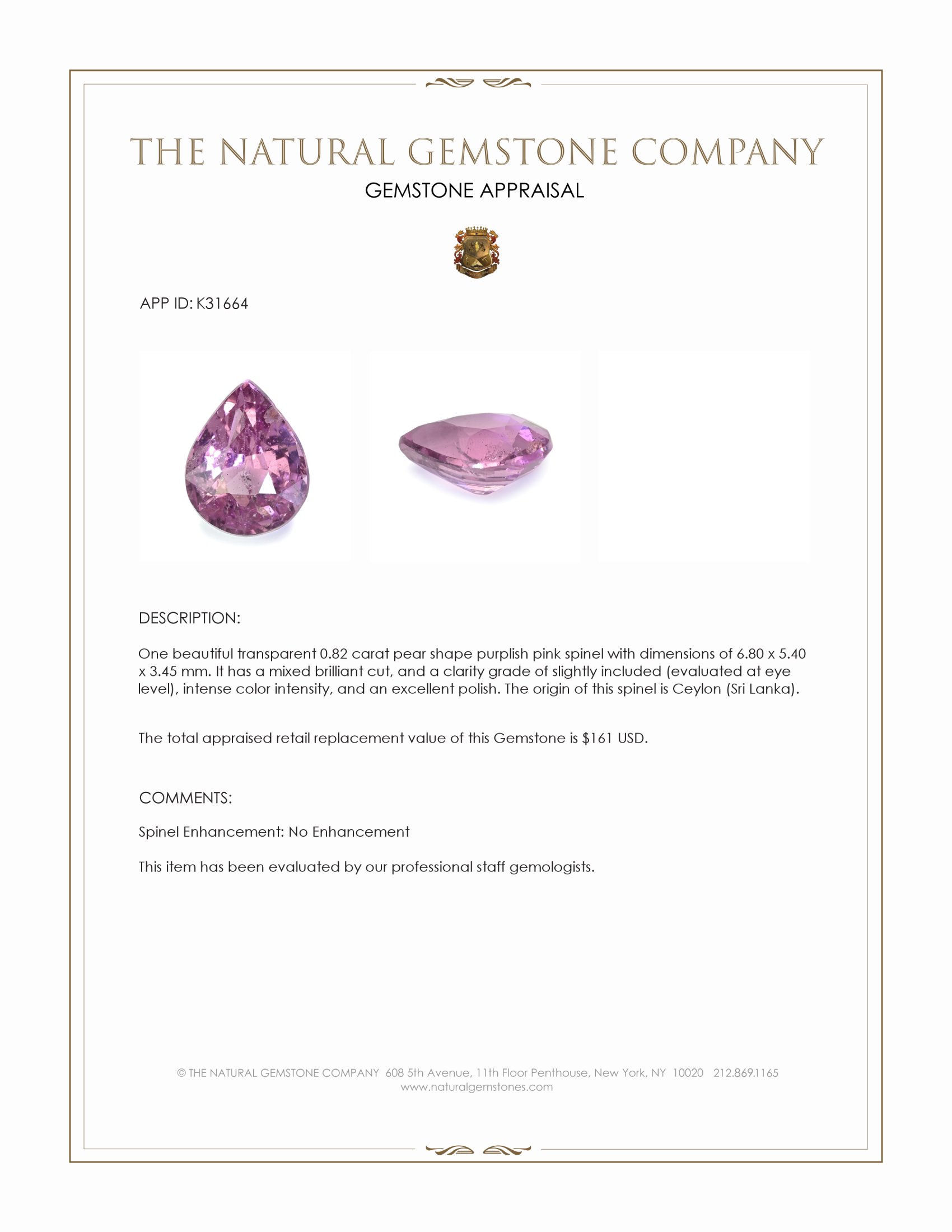 0.82 Ct. Purplish Pink Spinel from Ceylon (Sri Lanka)