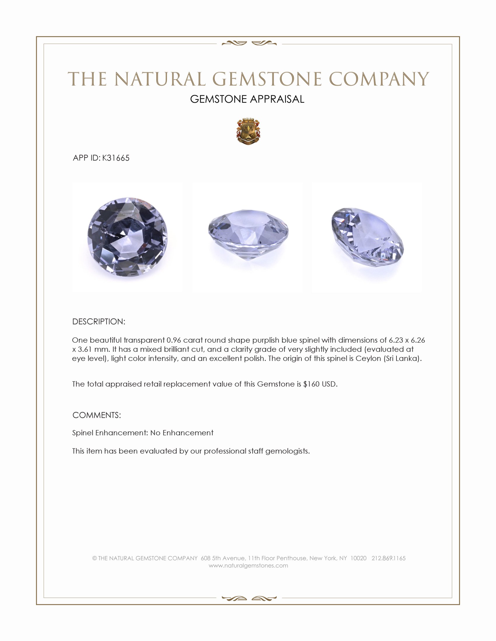 0.96 Ct. Purplish Blue Spinel from Ceylon (Sri Lanka)