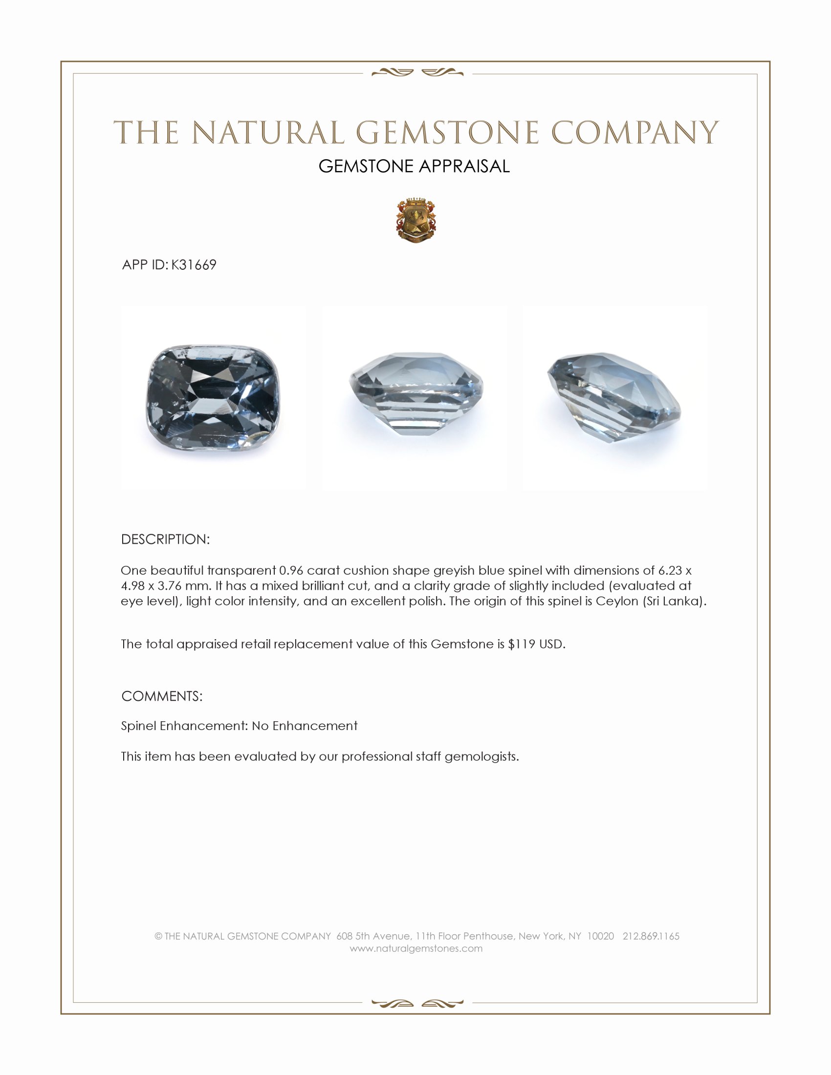 0.96 Ct. Greyish Blue Spinel from Ceylon (Sri Lanka)