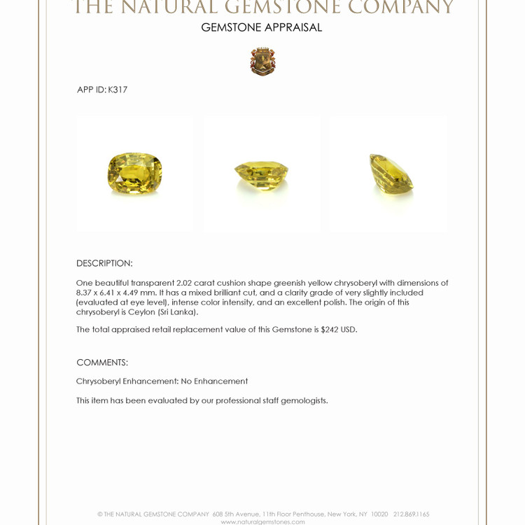 2.02 Ct. Chrysoberyl from Ceylon (Sri Lanka)