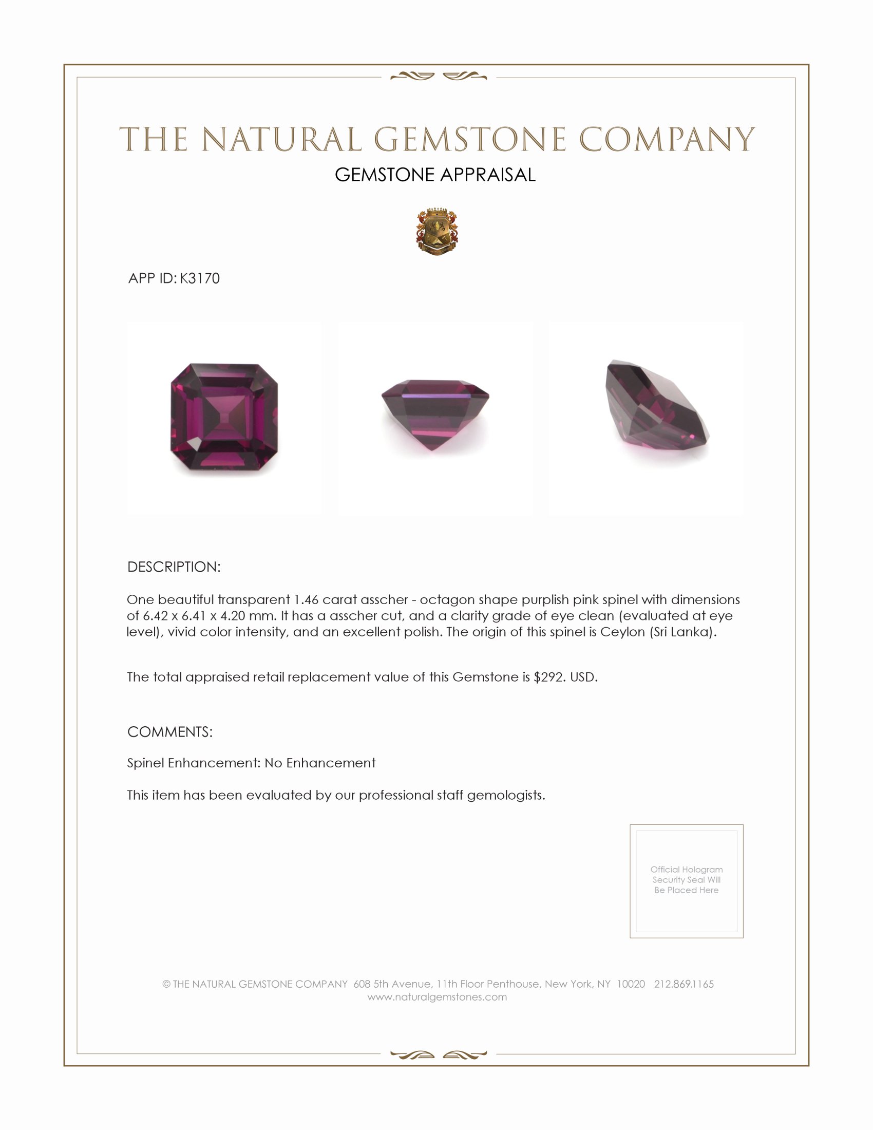 1.46 Ct. Spinel from Ceylon (Sri Lanka)