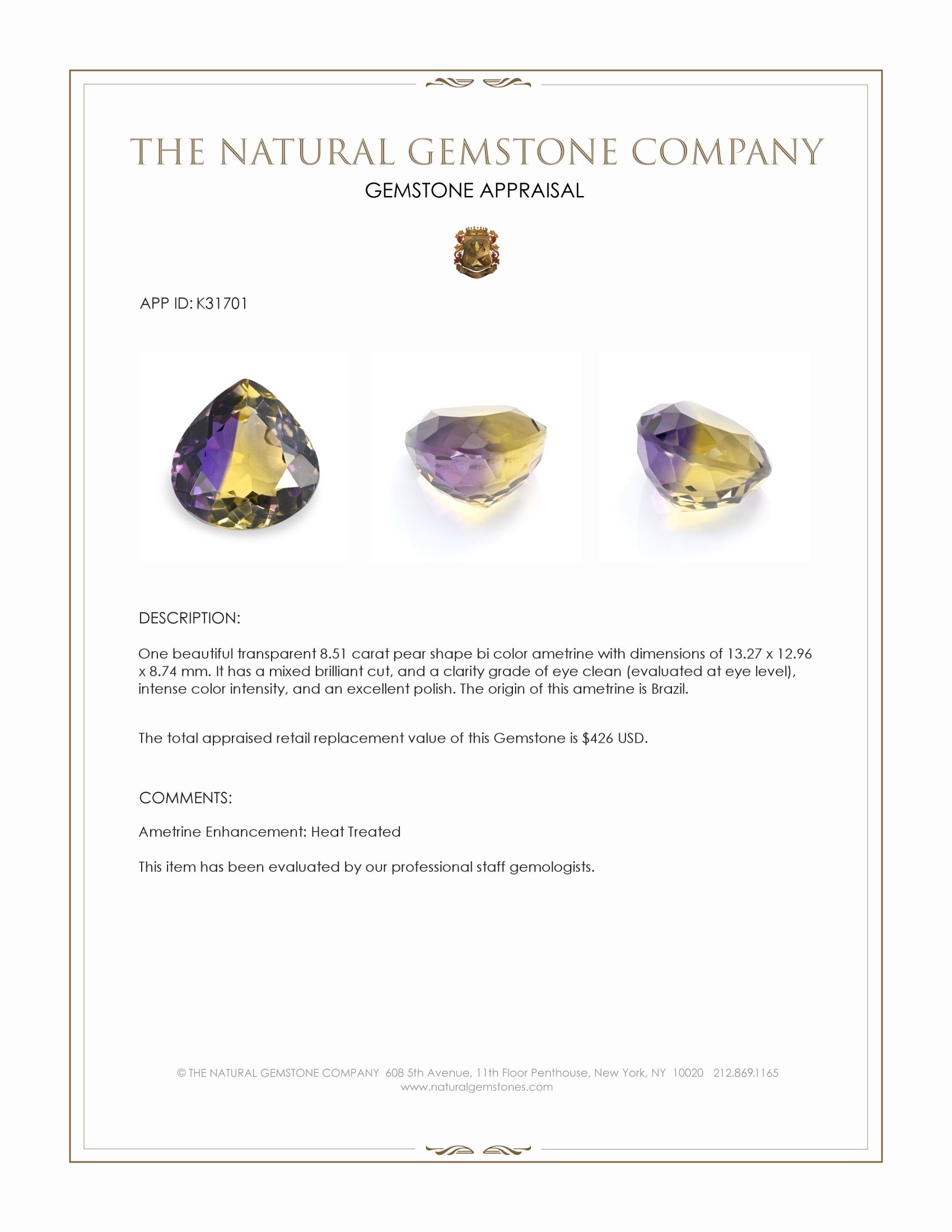 8.51 Ct. Bi Color Ametrine from Brazil