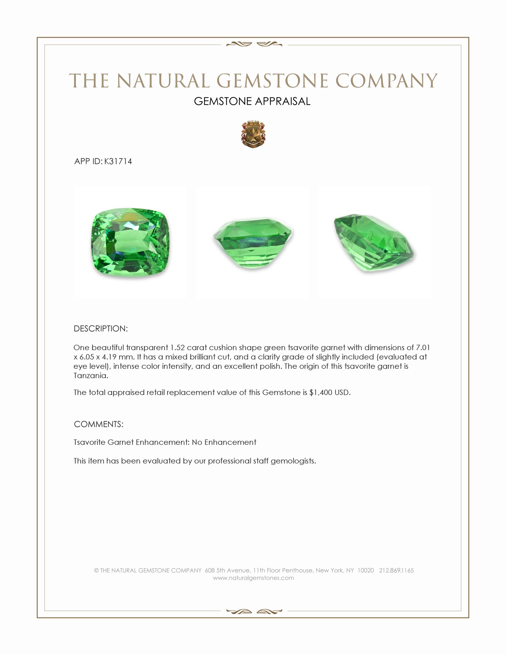 1.52 Ct. Tsavorite Garnet from Tanzania