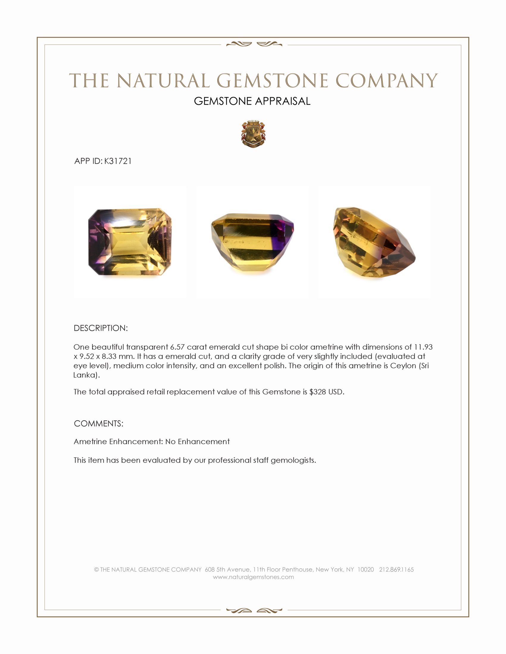 6.57 Ct. Bi Color Ametrine from Ceylon (Sri Lanka)