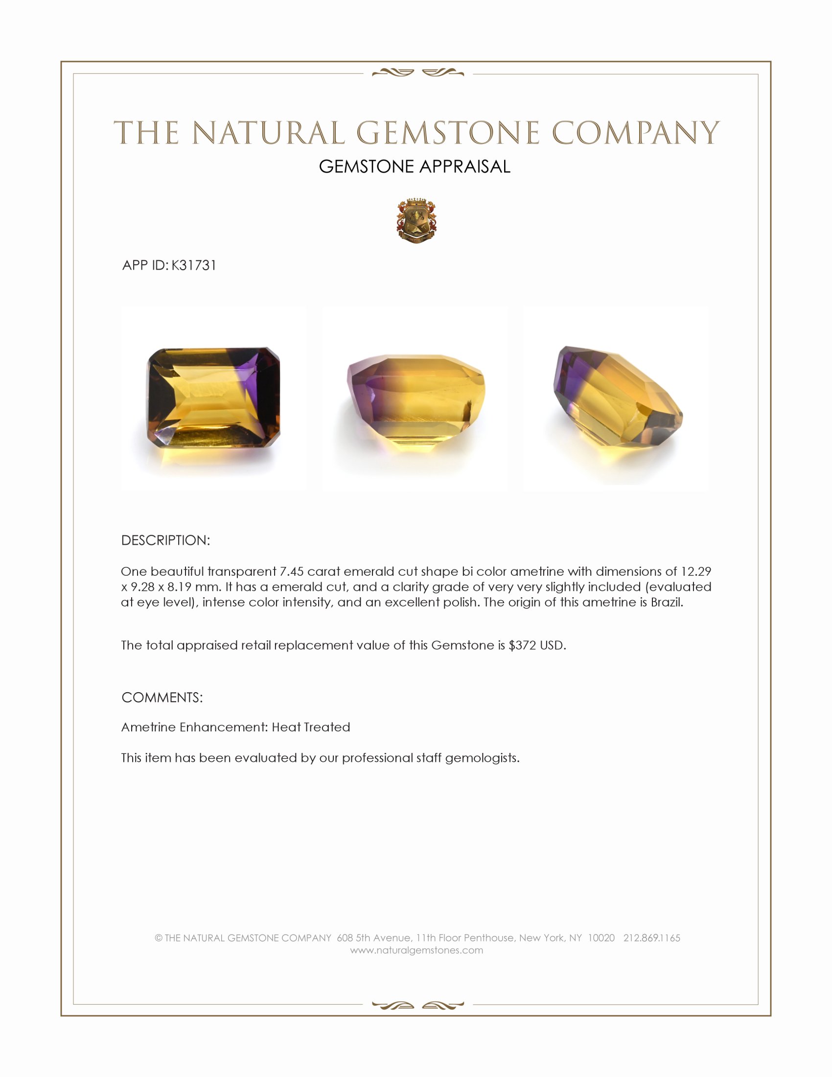7.45 Ct. Bi Color Ametrine from Brazil