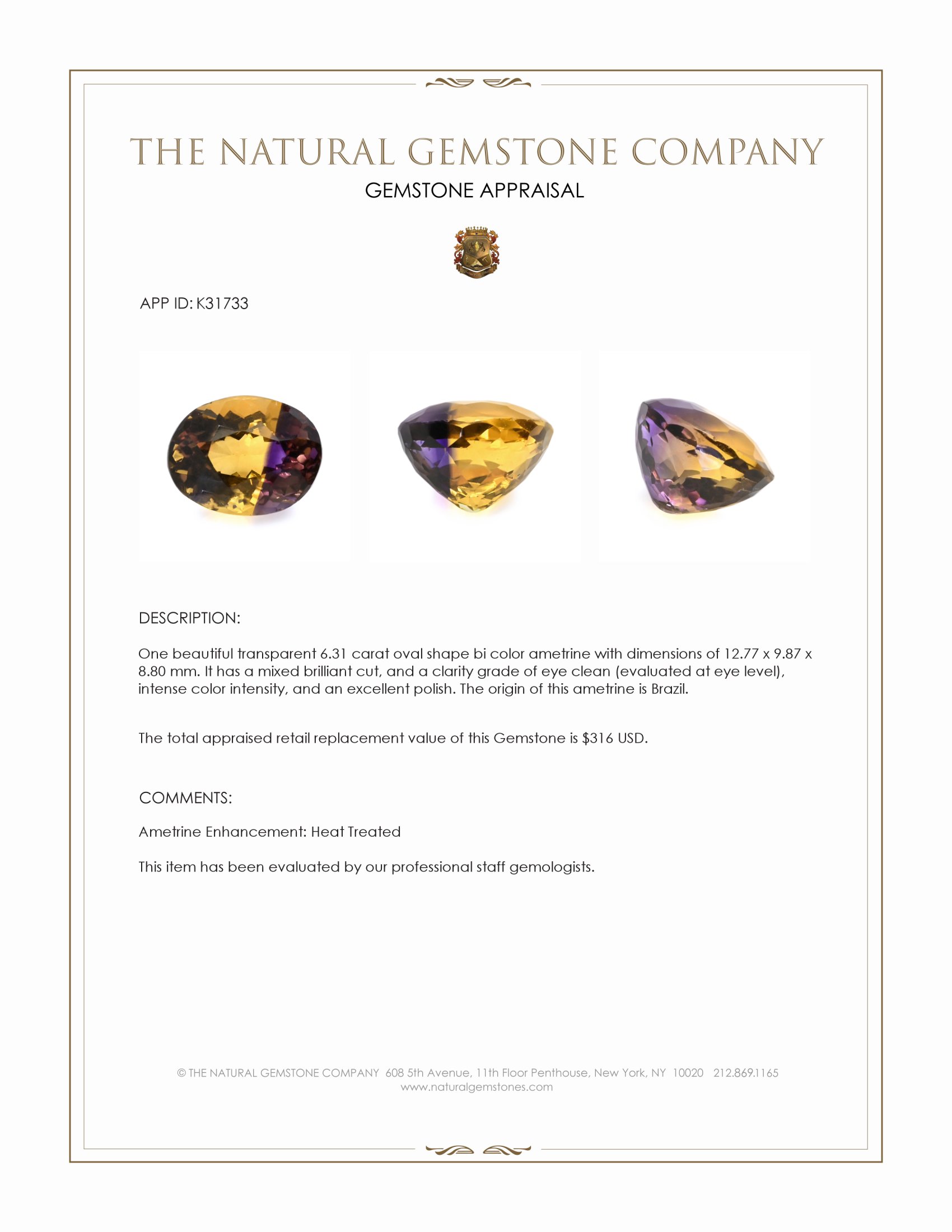 6.31 Ct. Bi Color Ametrine from Brazil