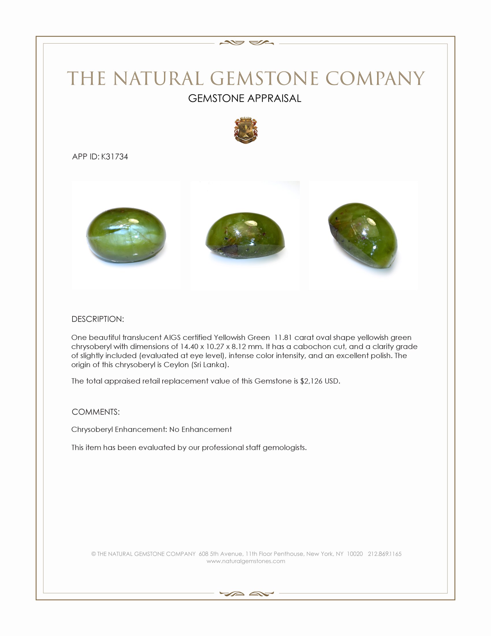 11.81 Ct. Yellowish Green Cabochon Chrysoberyl from Ceylon (Sri Lanka)