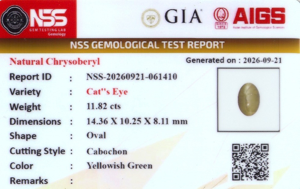 11.81 Ct. Yellowish Green Cabochon Chrysoberyl from Ceylon (Sri Lanka)