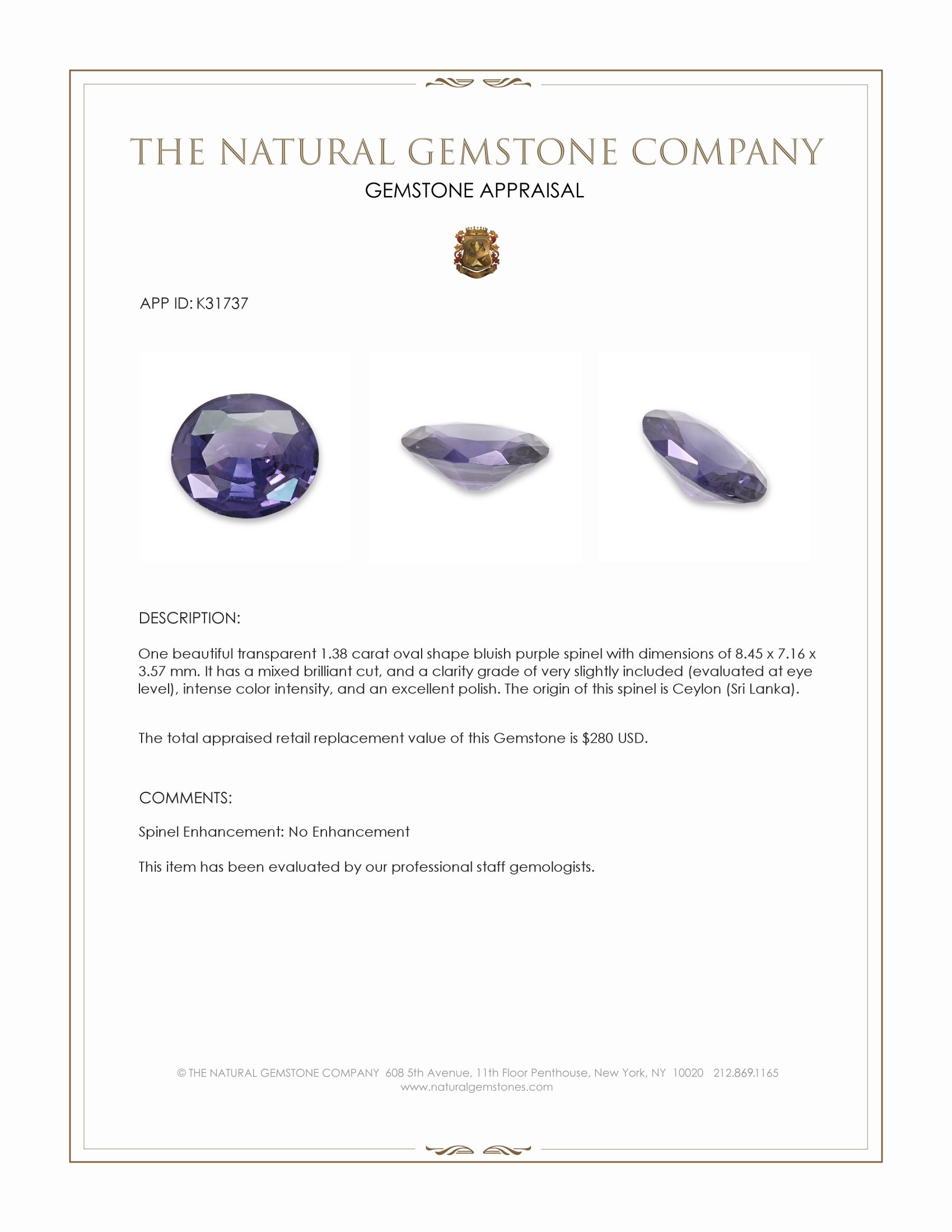 1.38 Ct. Bluish Purple Spinel from Ceylon (Sri Lanka)