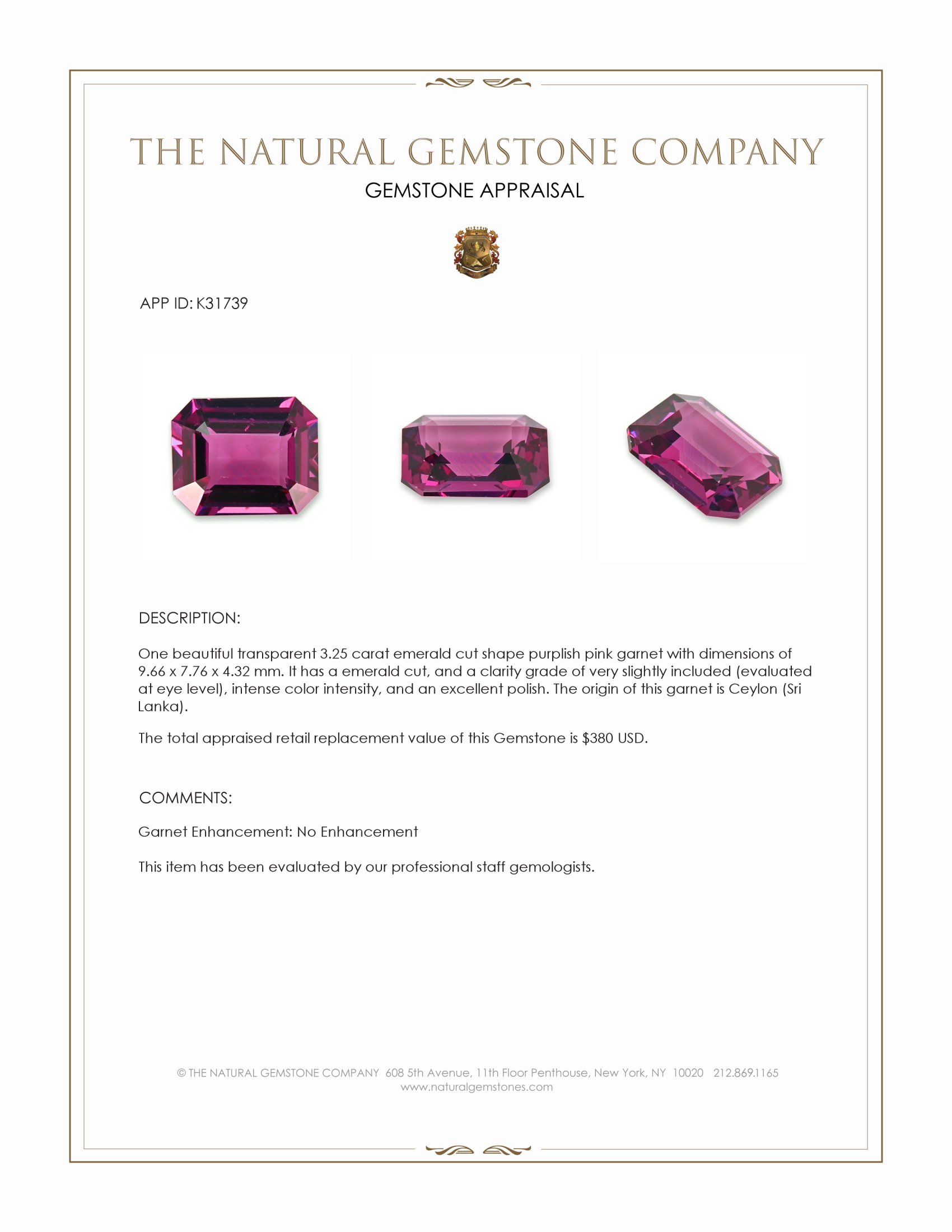3.25 Ct. Purplish Pink Garnet from Ceylon (Sri Lanka)