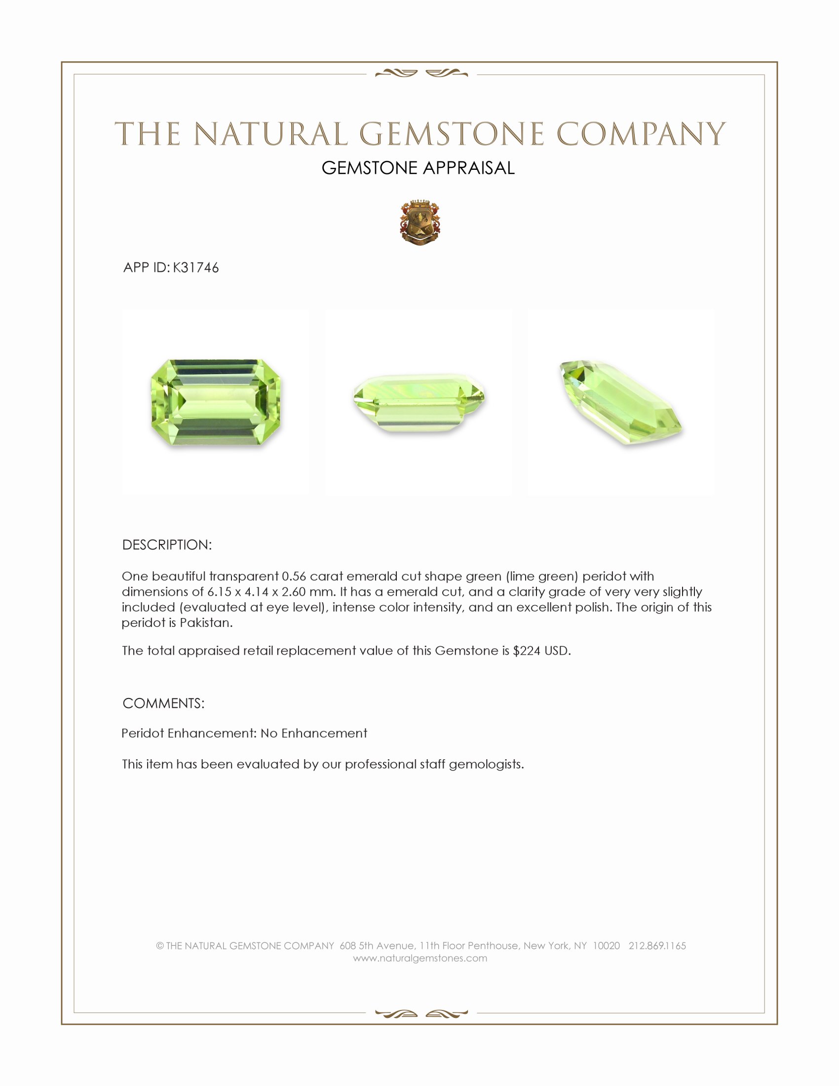 0.56 Ct. Green (Lime Green) Peridot from Pakistan