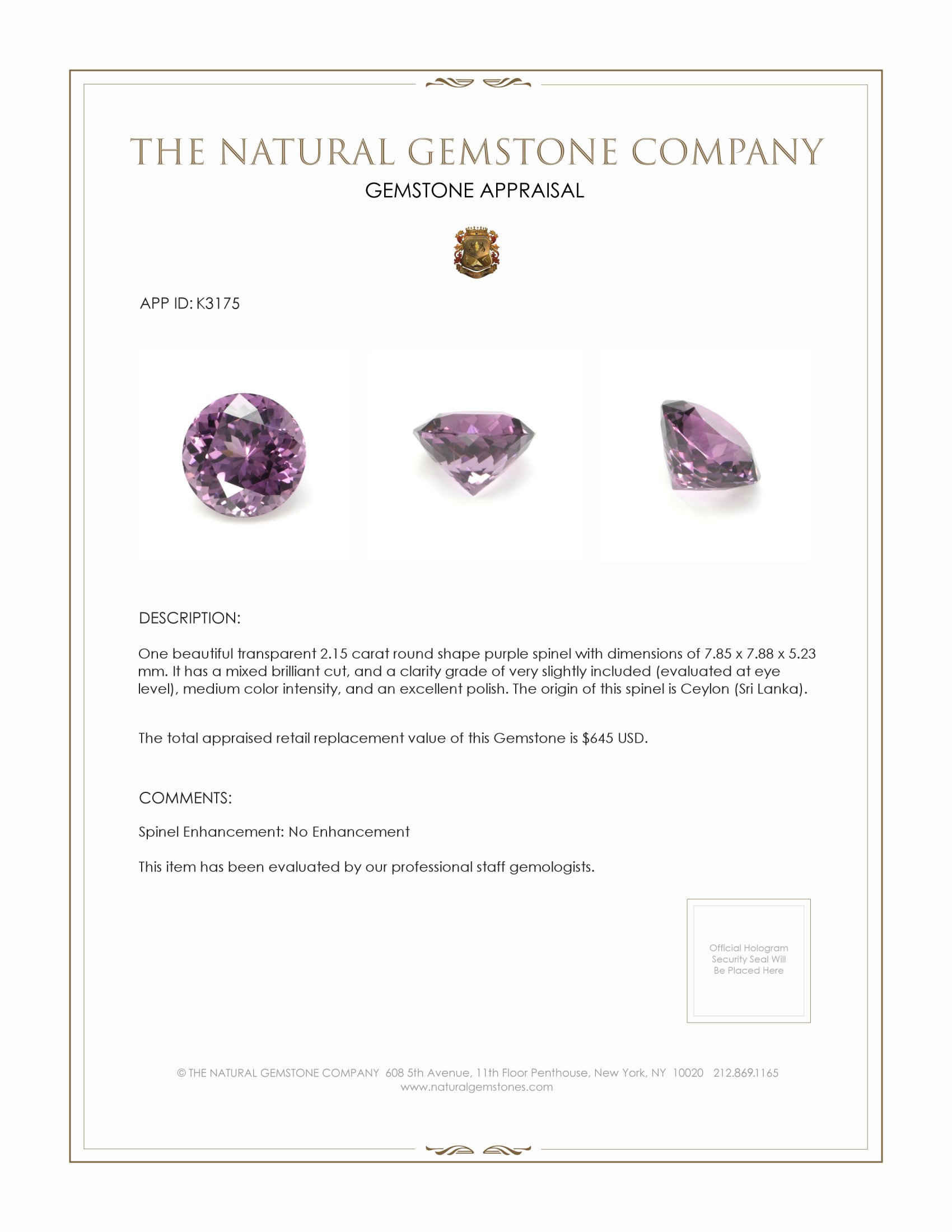 2.15 Ct. Purple Spinel from Ceylon (Sri Lanka)