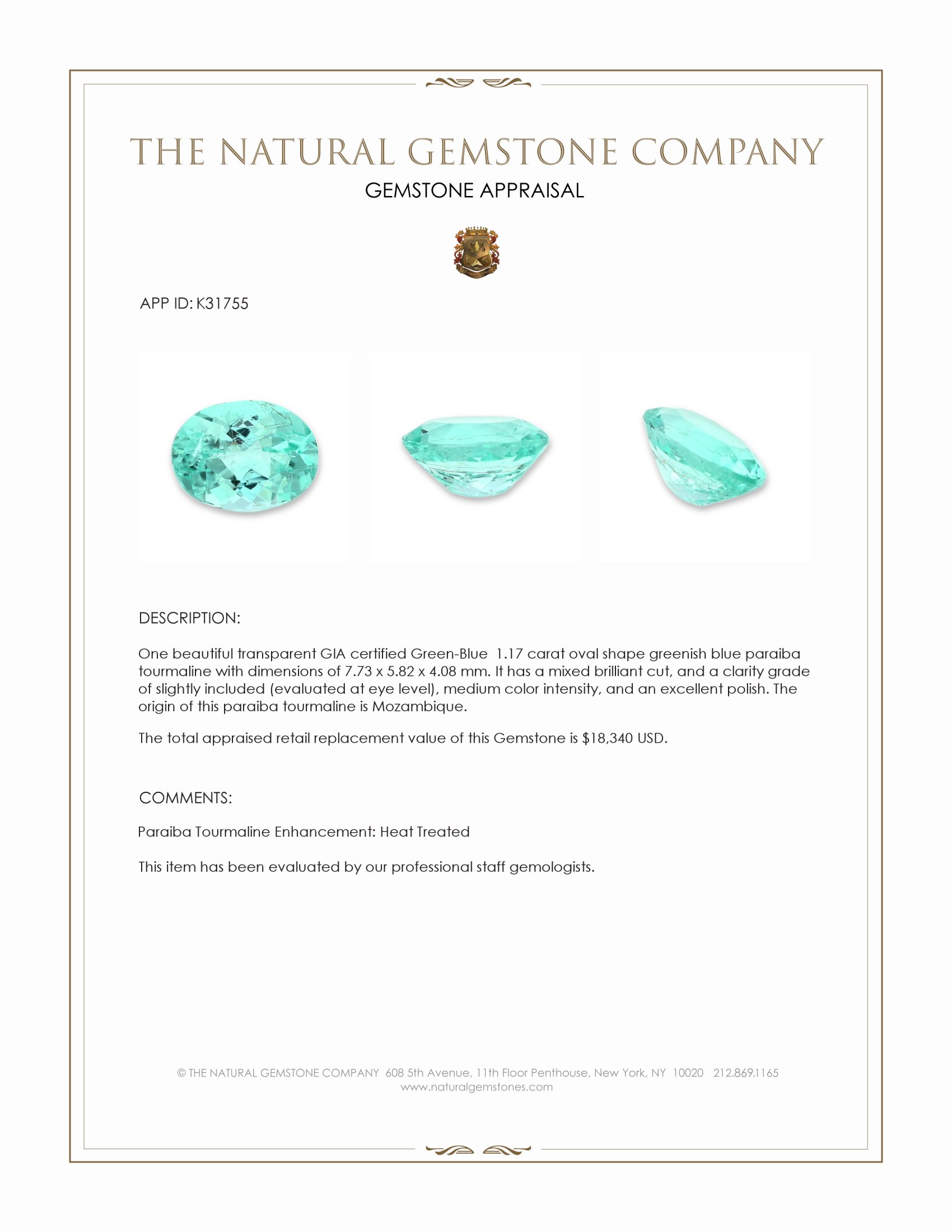 1.17 Ct. Greenish Blue Paraiba Tourmaline from Mozambique