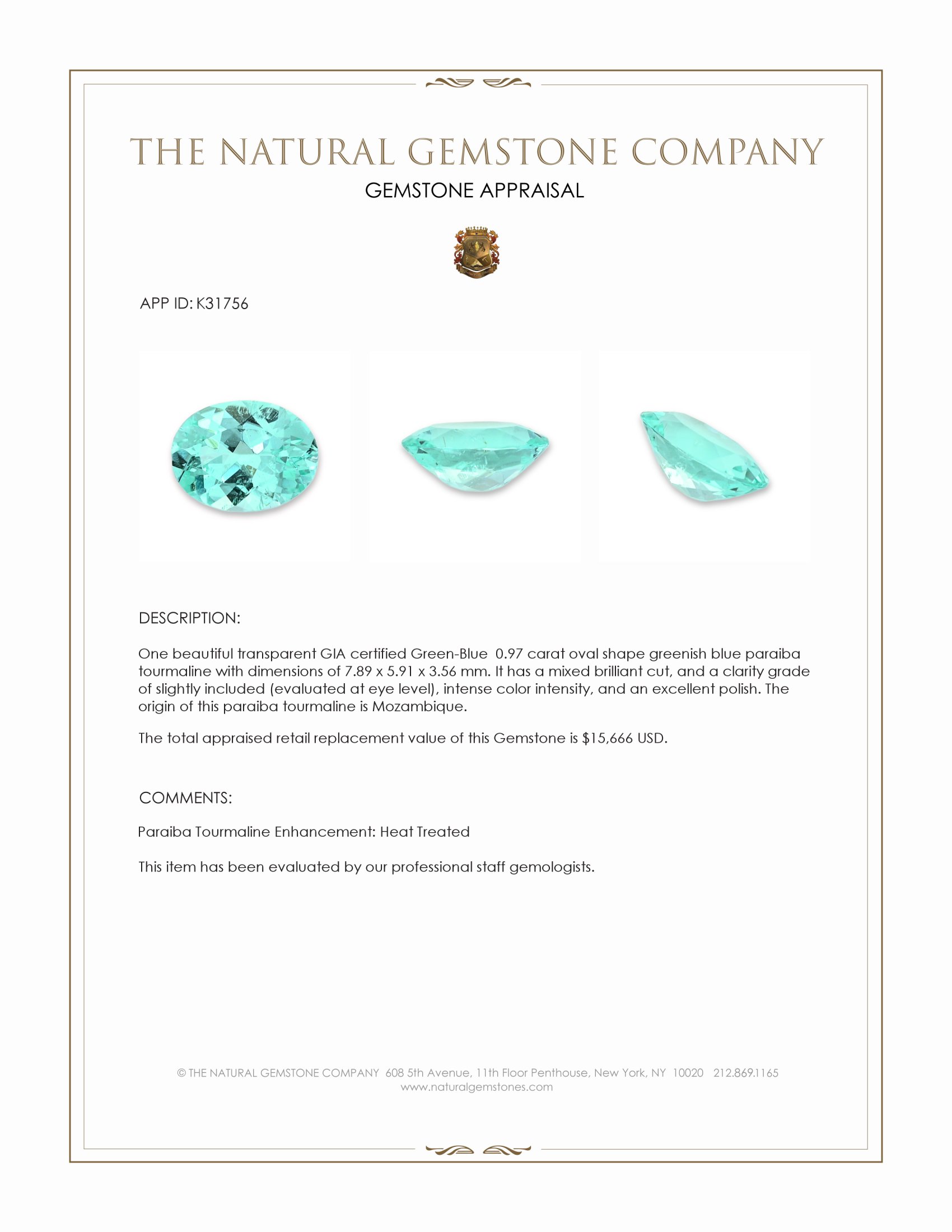0.97 Ct. Greenish Blue Paraiba Tourmaline from Mozambique