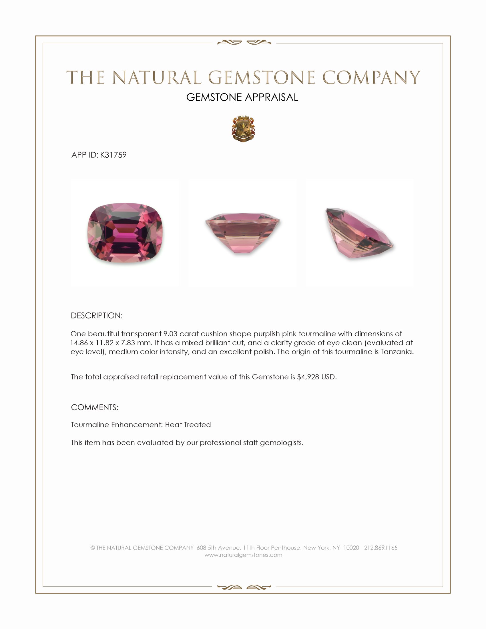 9.03 Ct. Purplish Pink Tourmaline from Tanzania