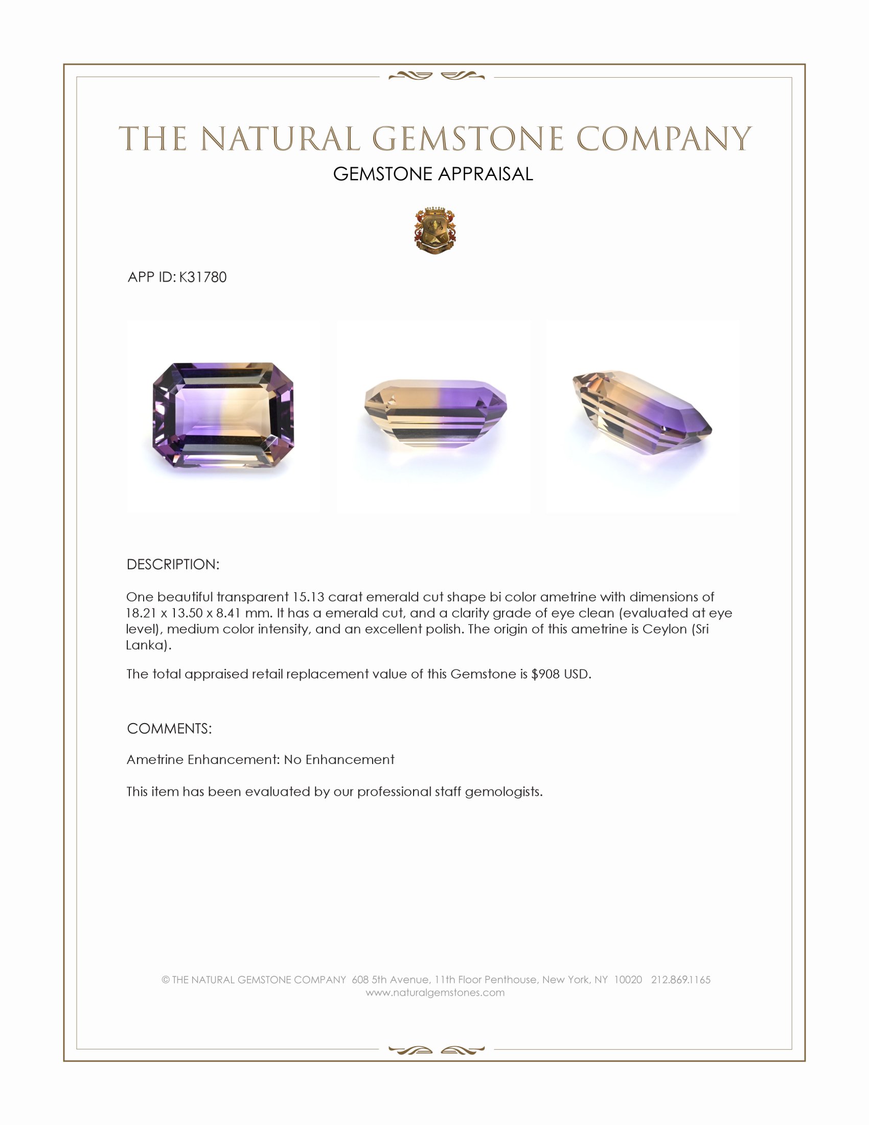 15.13 Ct. Bi Color Ametrine from Ceylon (Sri Lanka)