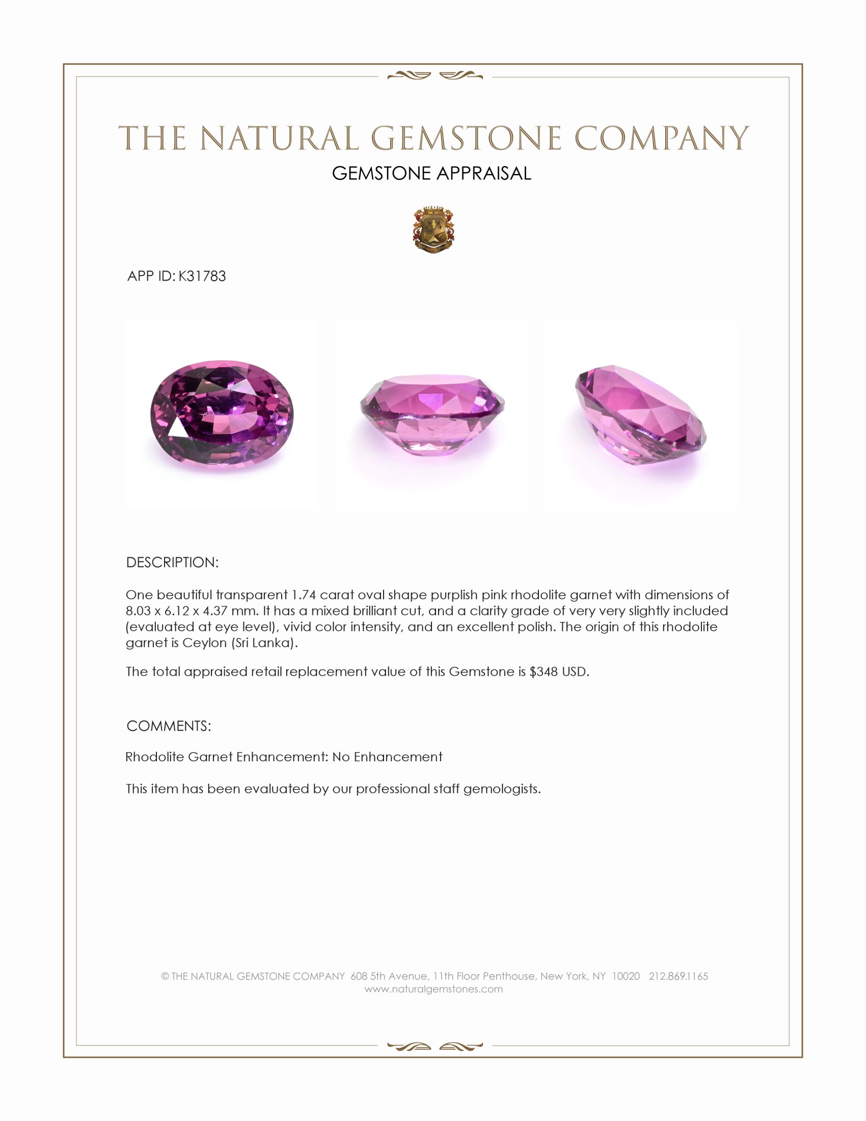 1.74 Ct. Purplish Pink Rhodolite Garnet from Ceylon (Sri Lanka)