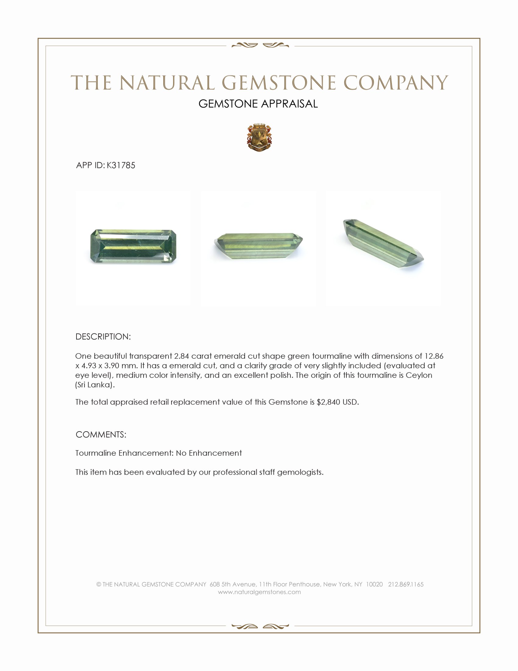2.84 Ct. Green Tourmaline from Ceylon (Sri Lanka)