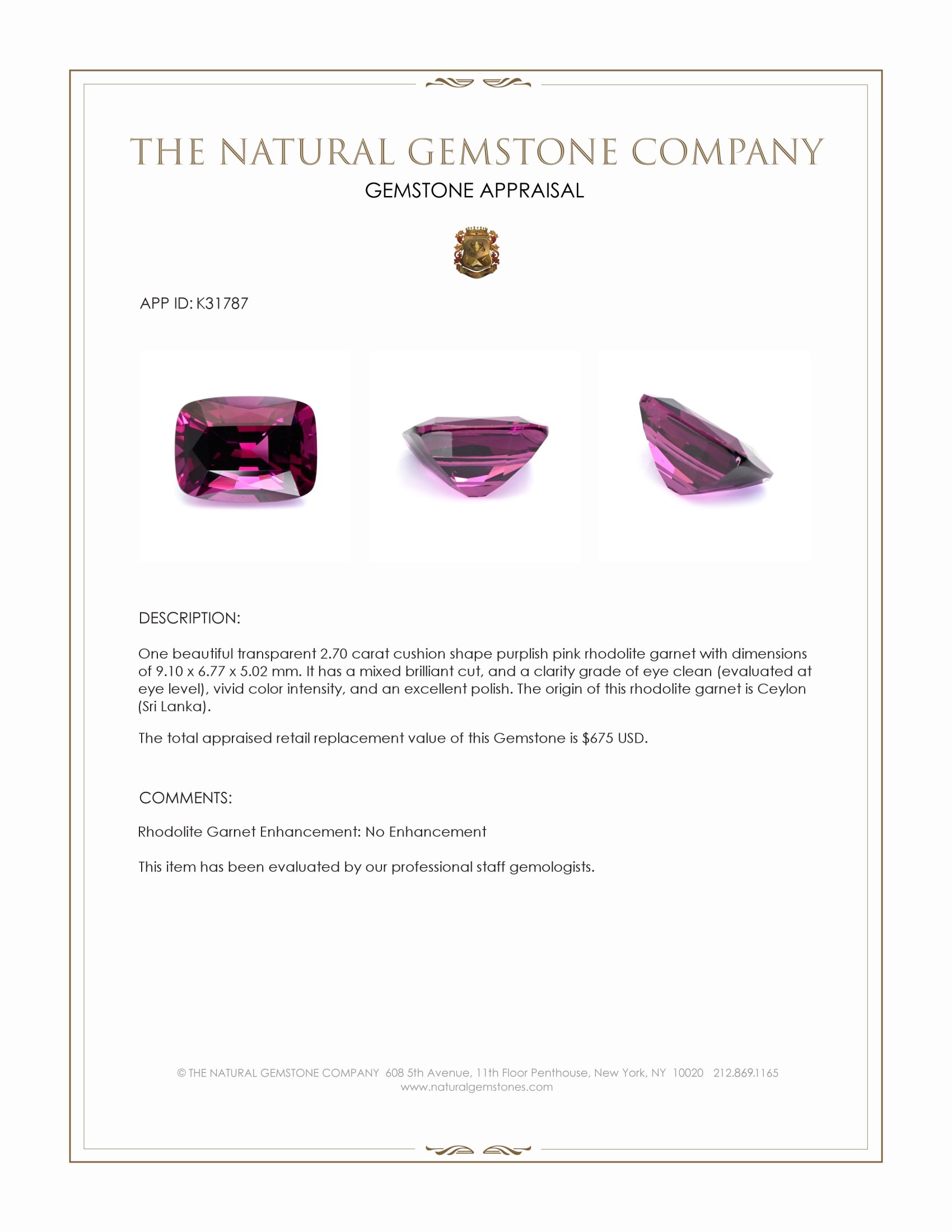 2.70 Ct. Purplish Pink Rhodolite Garnet from Ceylon (Sri Lanka)