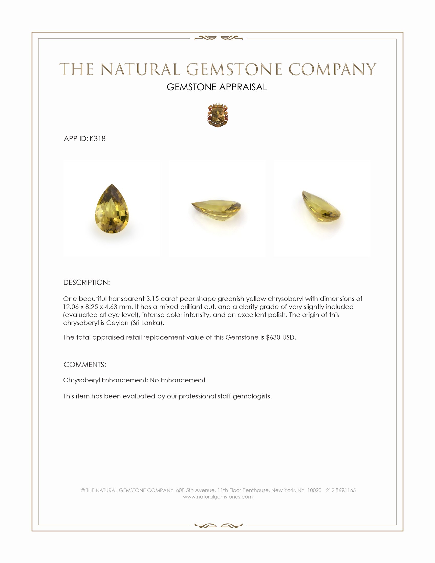 3.15 Ct. Greenish Yellow Chrysoberyl from Ceylon (Sri Lanka)