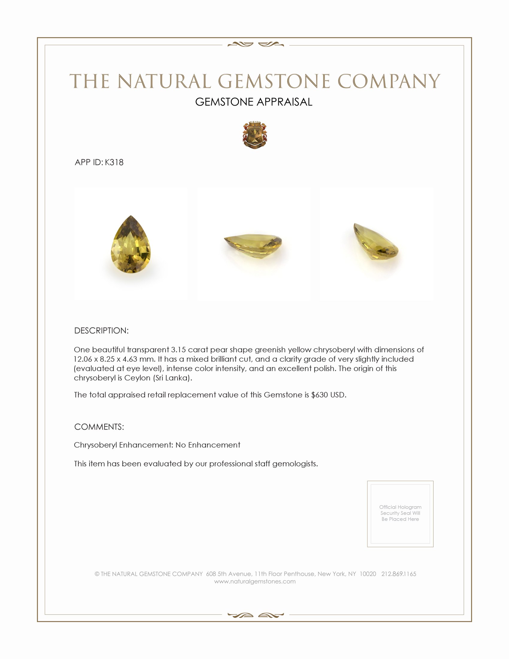 3.15 Ct. Chrysoberyl from Ceylon (Sri Lanka)