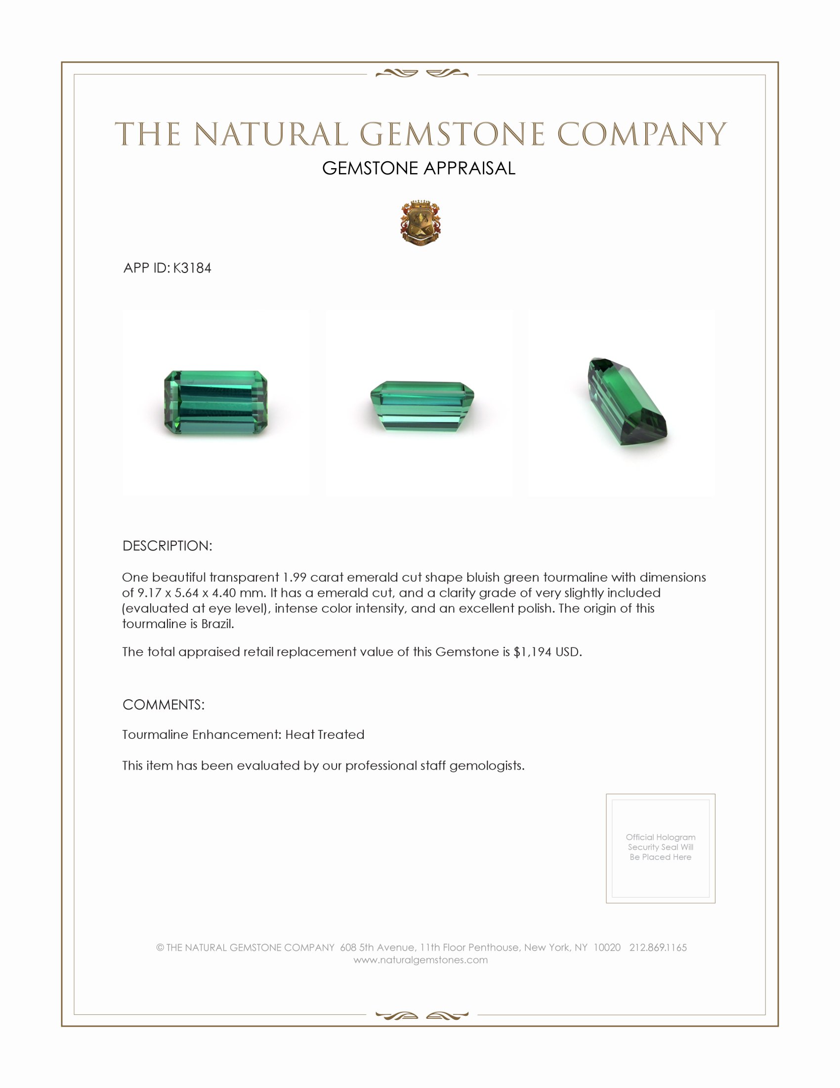 1.99 Ct. Bluish Green Tourmaline from Brazil