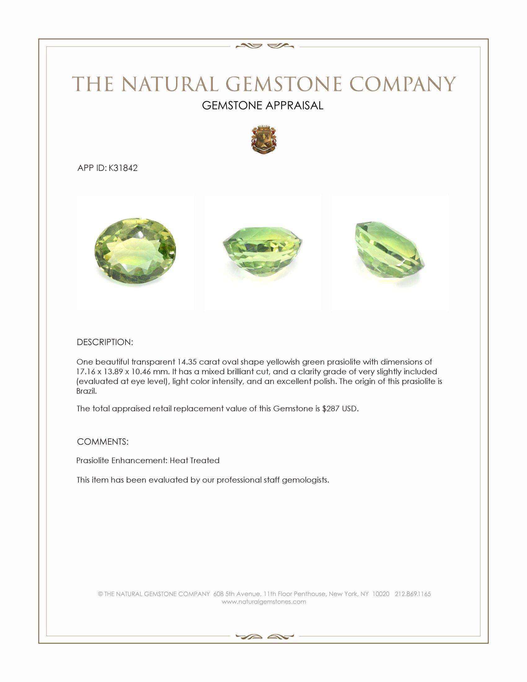 14.35 Ct. Yellowish Green Prasiolite from Brazil