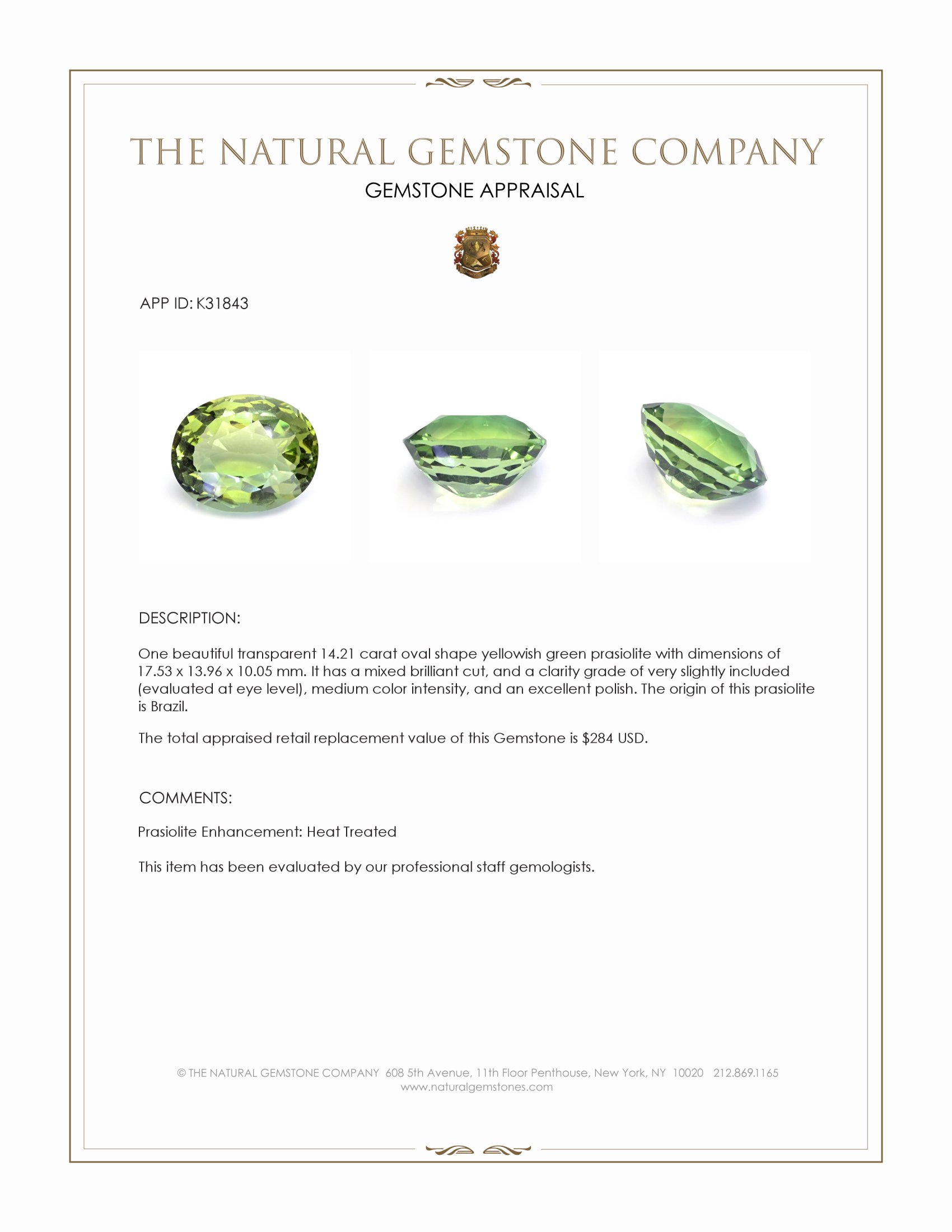 14.21 Ct. Yellowish Green Prasiolite from Brazil