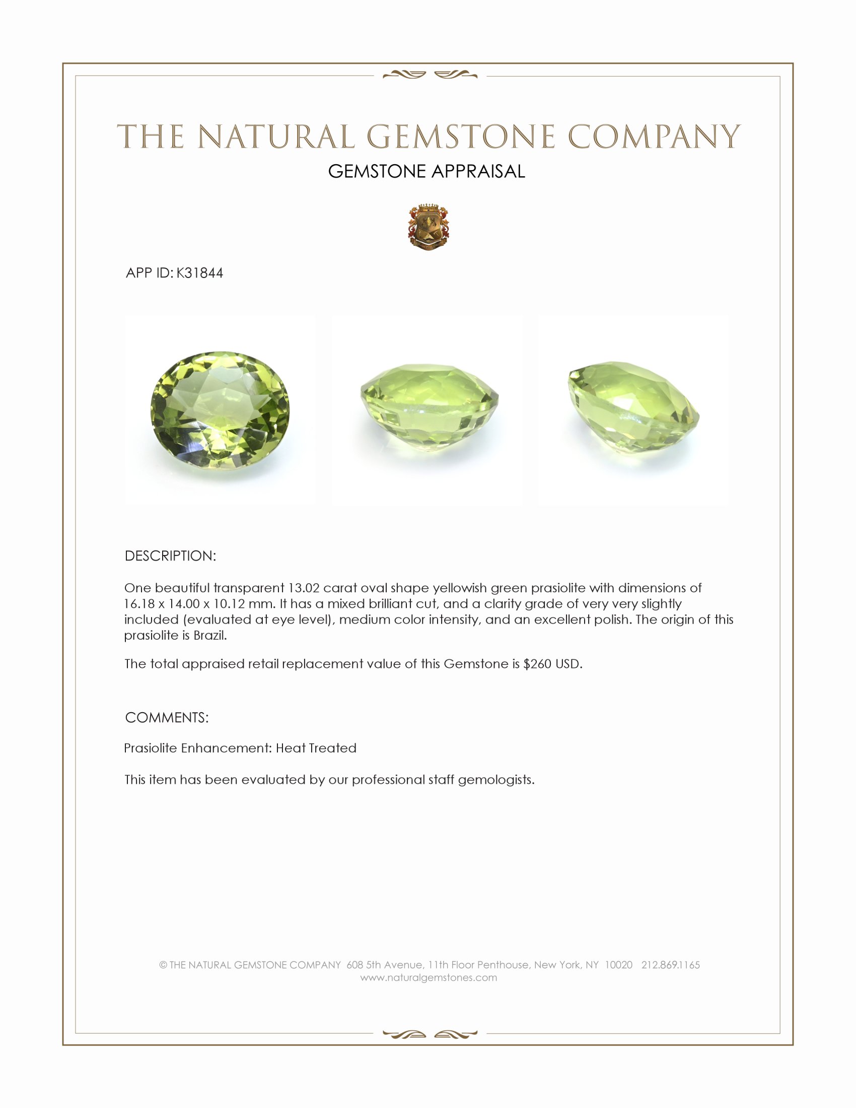 13.02 Ct. Yellowish Green Prasiolite from Brazil