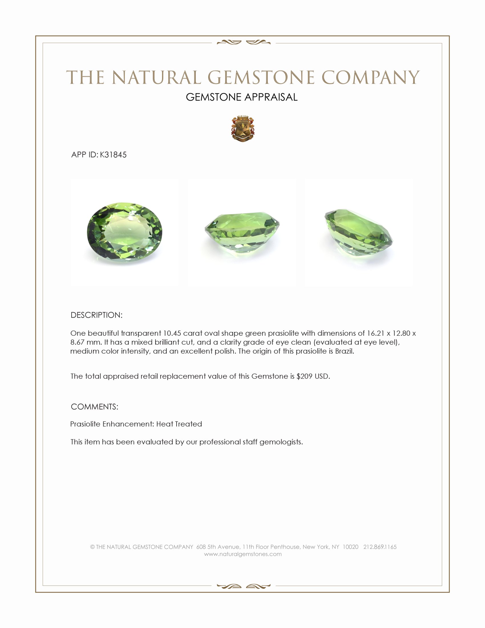 10.45 Ct. Green Prasiolite from Brazil