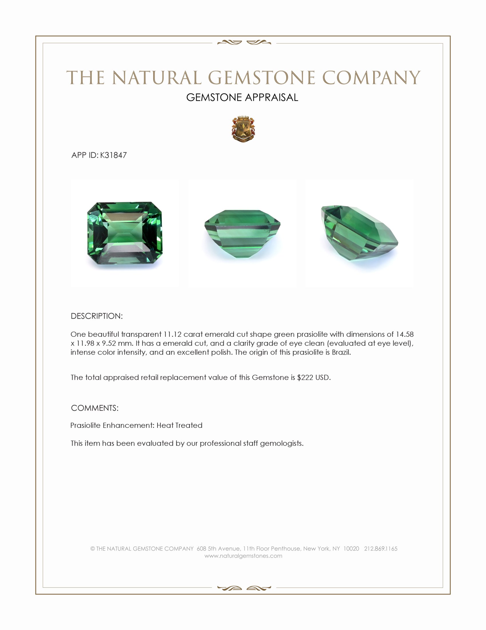 11.12 Ct. Green Prasiolite from Brazil