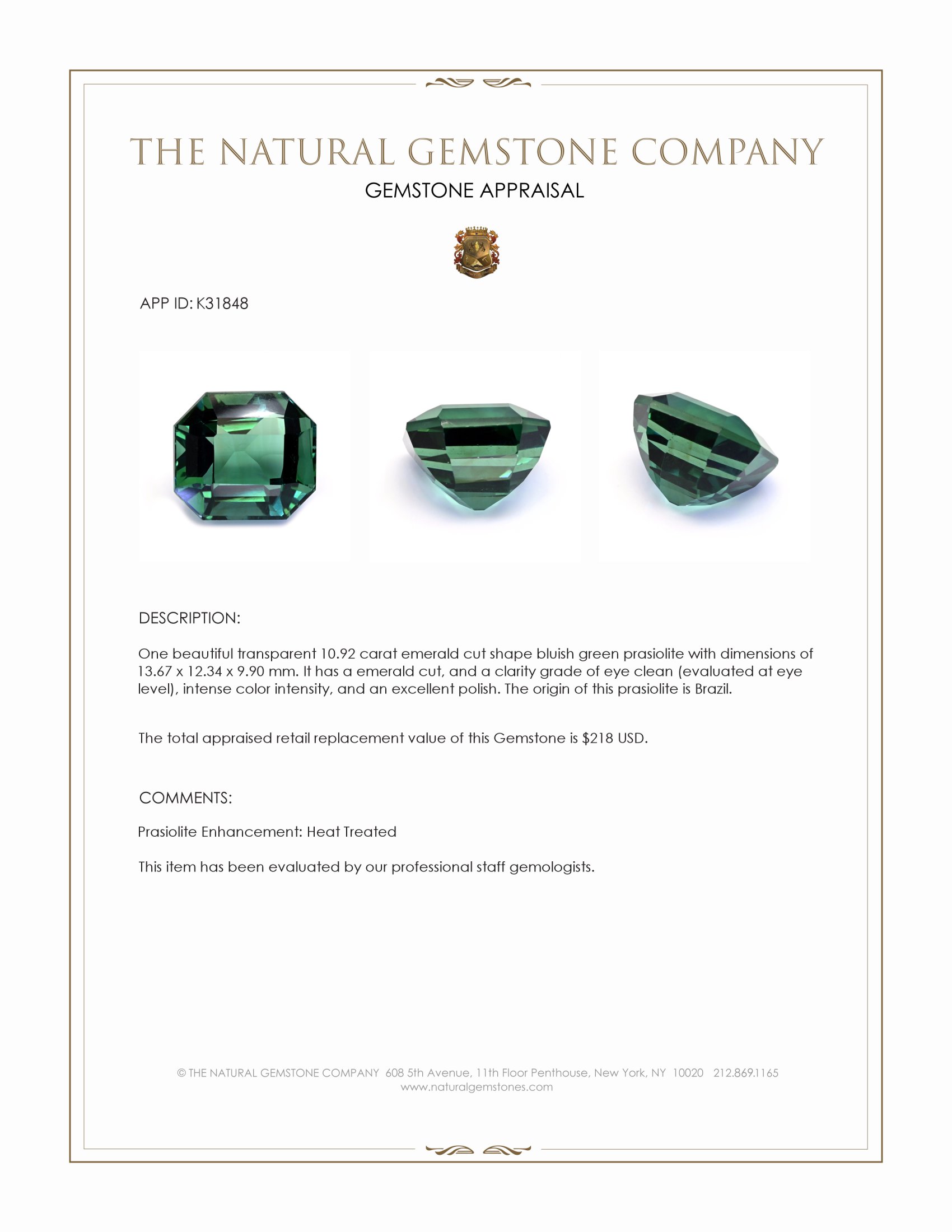 10.92 Ct. Bluish Green Prasiolite from Brazil