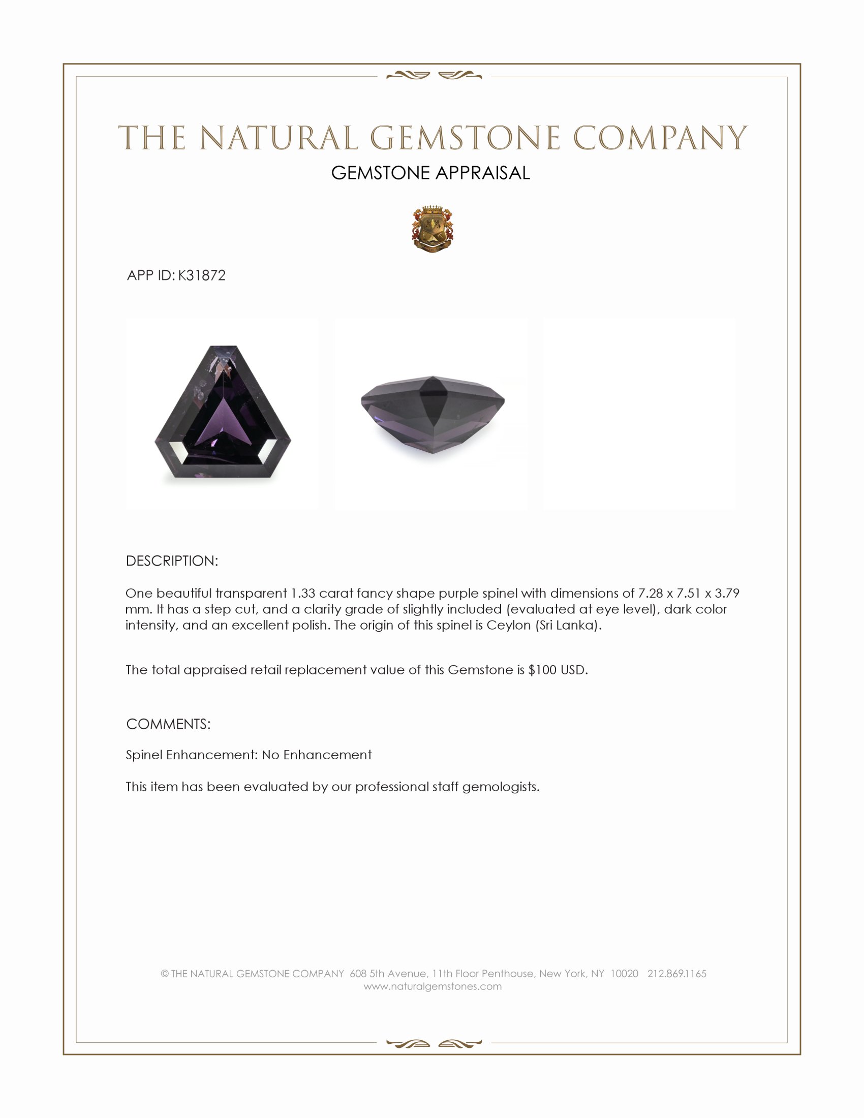1.33 Ct. Purple Spinel from Ceylon (Sri Lanka)