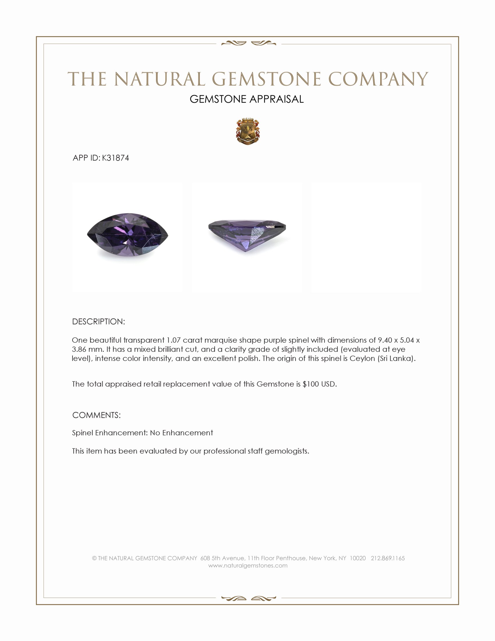 1.07 Ct. Purple Spinel from Ceylon (Sri Lanka)