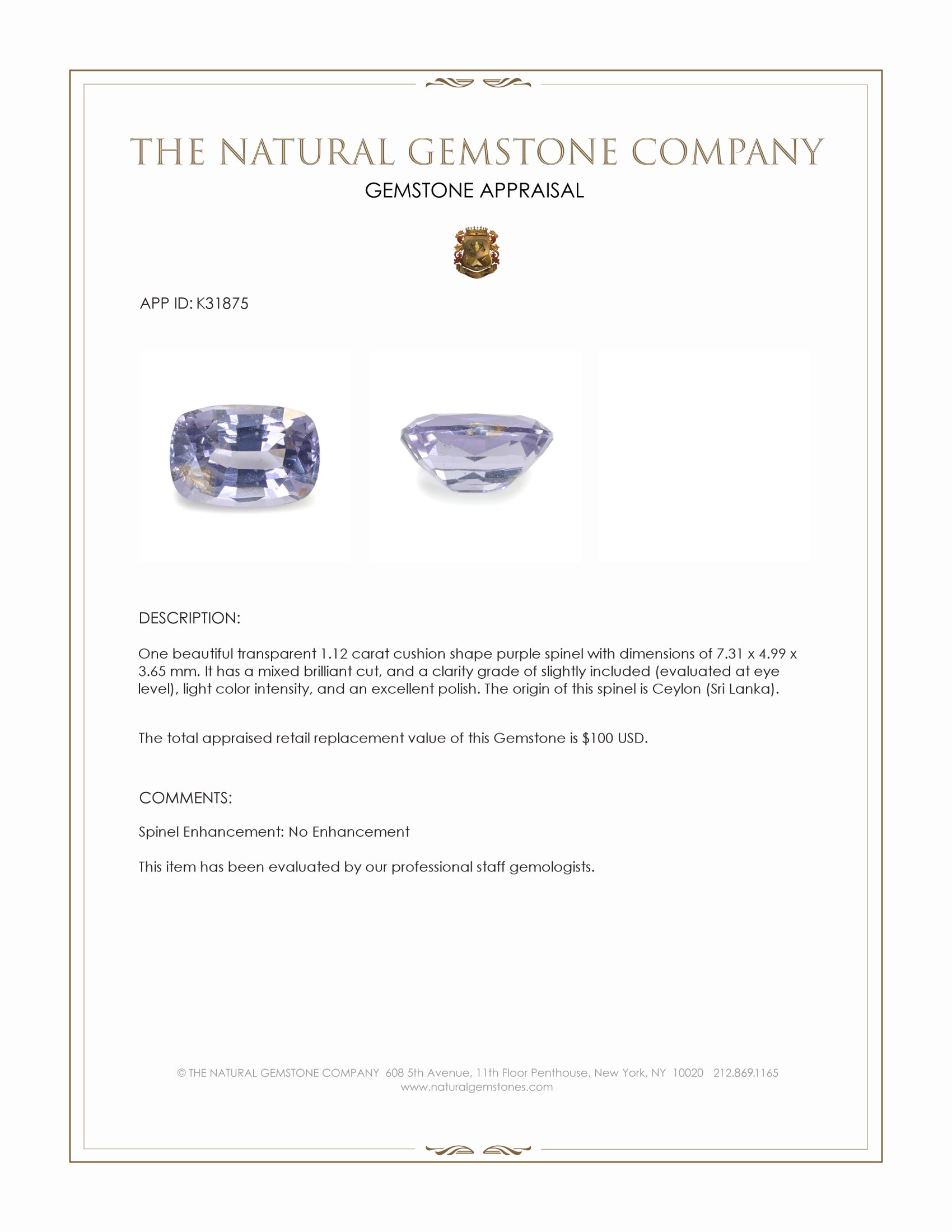 1.12 Ct. Purple Spinel from Ceylon (Sri Lanka)