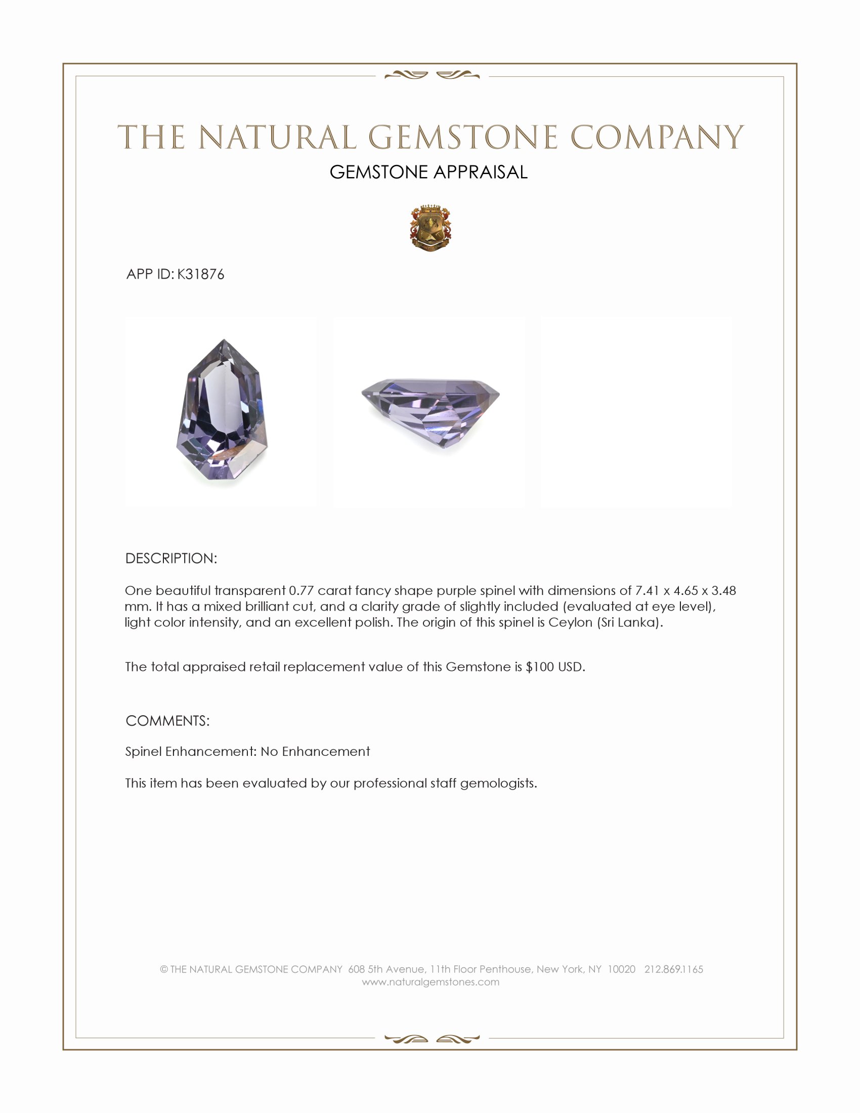 0.77 Ct. Purple Spinel from Ceylon (Sri Lanka)