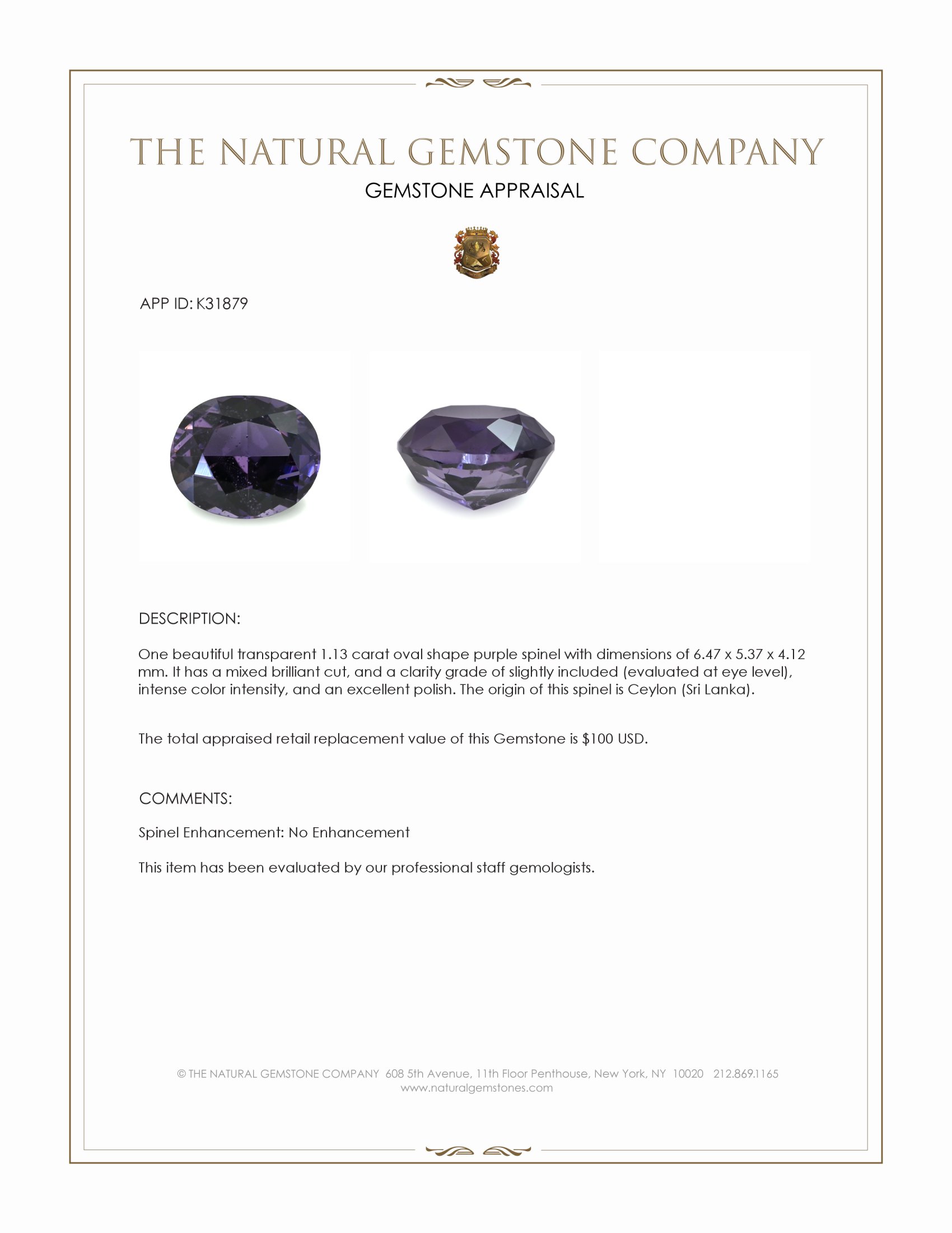 1.13 Ct. Purple Spinel from Ceylon (Sri Lanka)