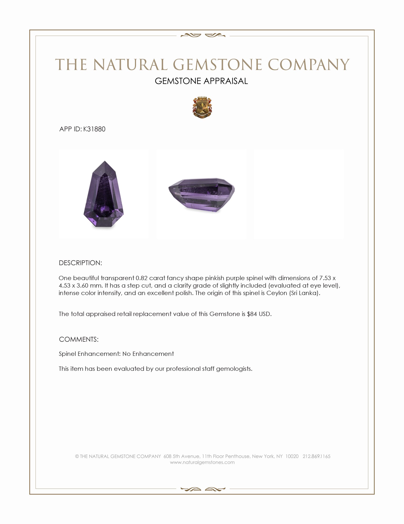 0.82 Ct. Pinkish Purple Spinel from Ceylon (Sri Lanka)