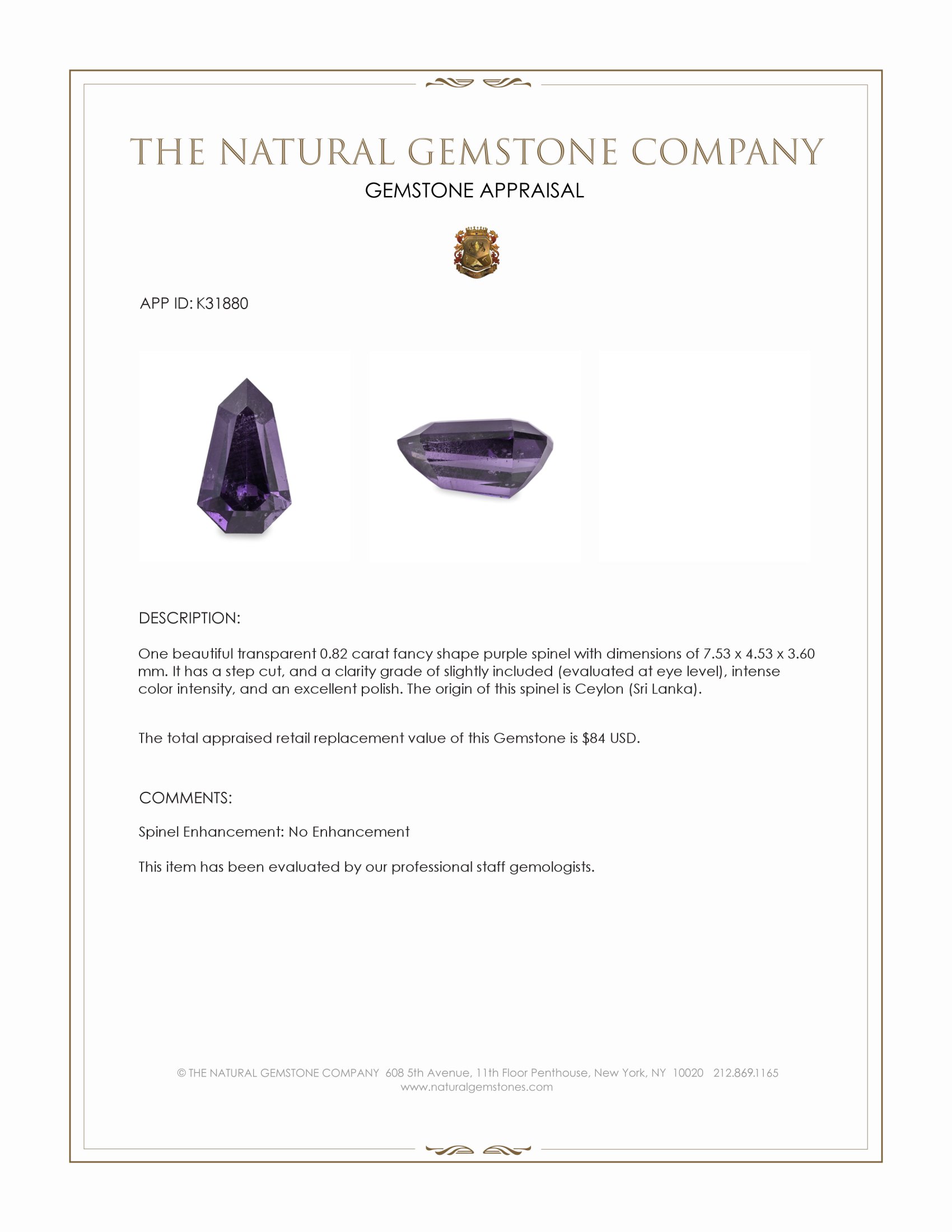 0.82 Ct. Purple Spinel from Ceylon (Sri Lanka)