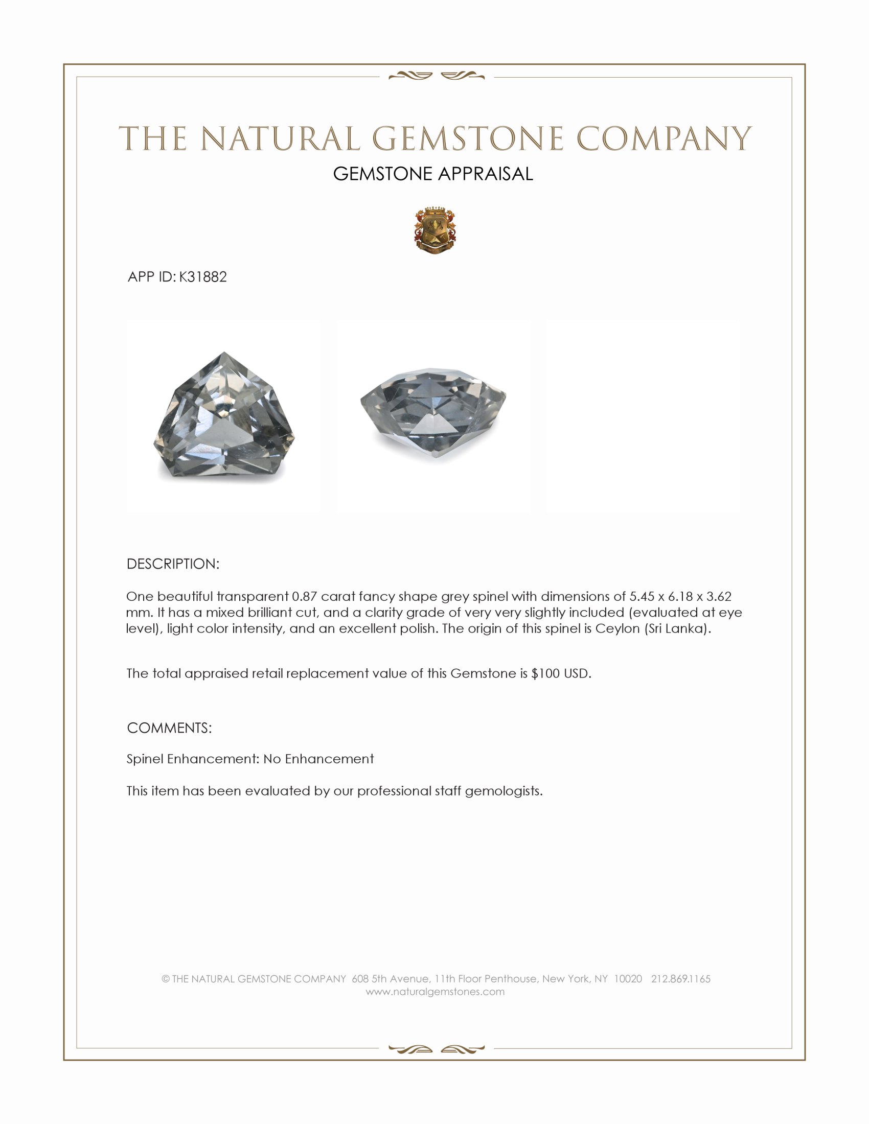 0.87 Ct. Grey Spinel from Ceylon (Sri Lanka)