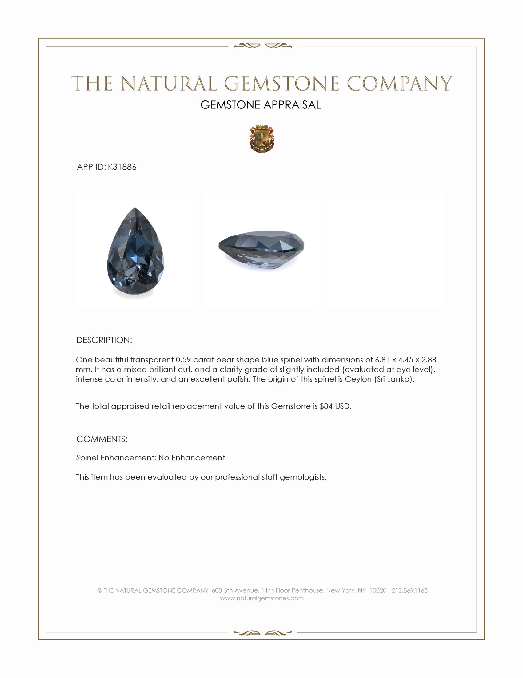 0.59 Ct. Blue Spinel from Ceylon (Sri Lanka)
