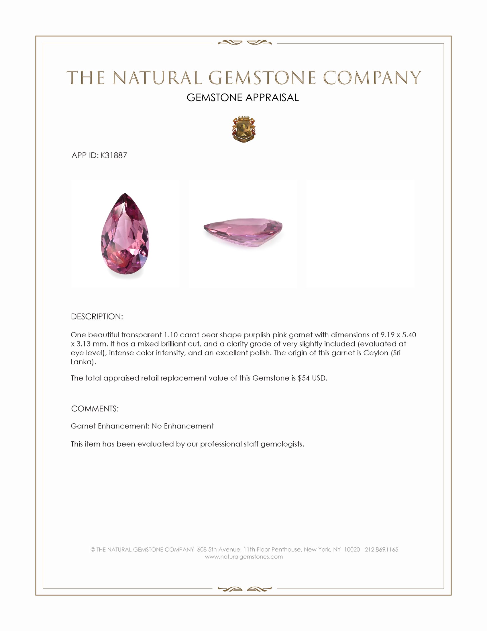 1.10 Ct. Purplish Pink Garnet from Ceylon (Sri Lanka)