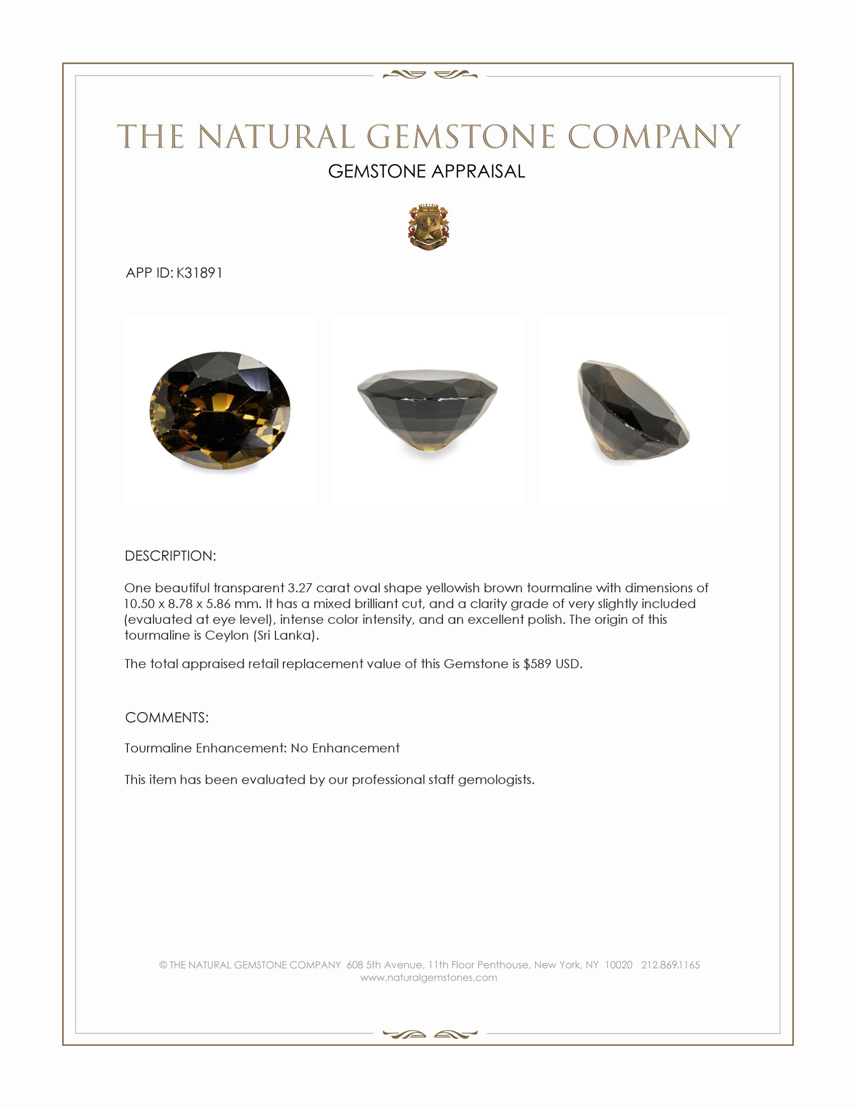 3.27 Ct. Yellowish Brown Tourmaline from Ceylon (Sri Lanka)