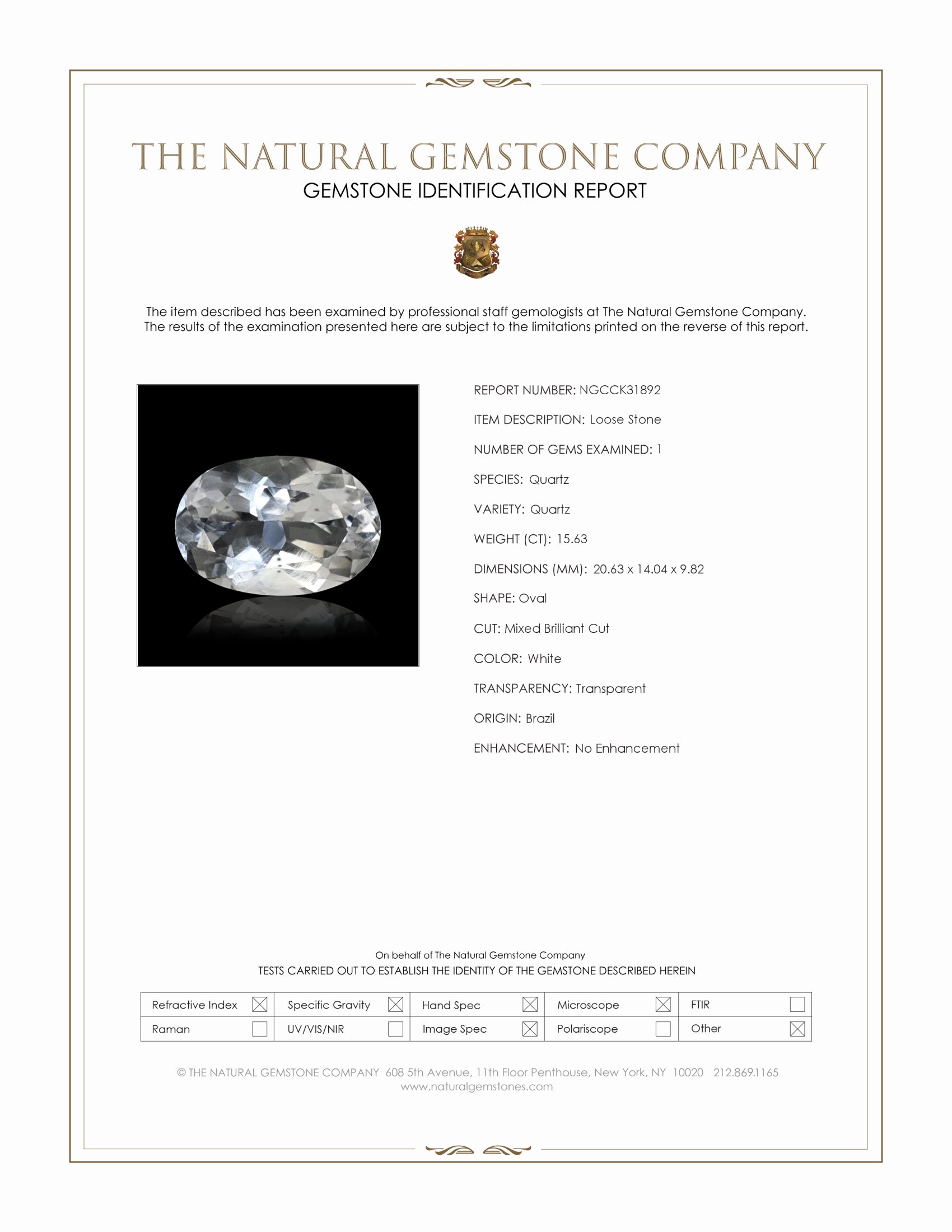 15.63 Ct. White Quartz from Brazil