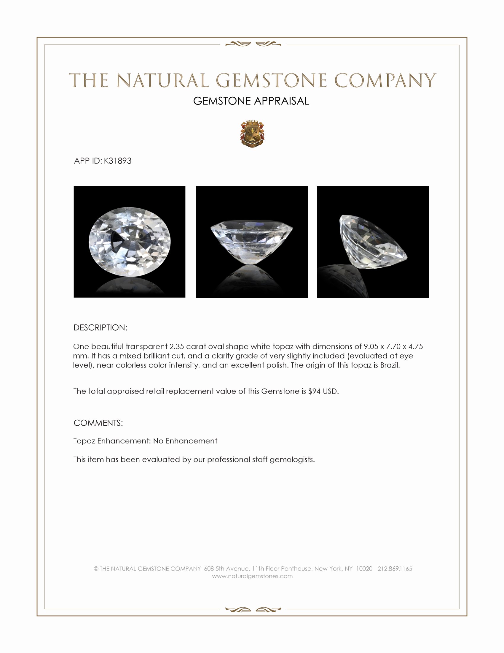 2.35 Ct. White Topaz from Brazil